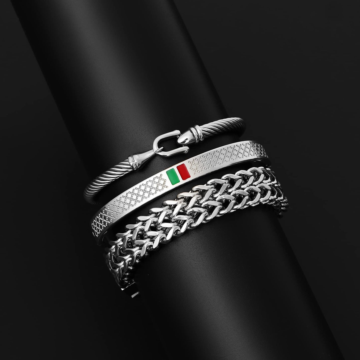WFYOU 3PCS Stainless Steel Bracelets for Men Gold Roman Numeral Bangle Bracelet Twisted Cable Bracelet Adjustable Cuff Bracelet Mens Luxury Jewelry Bracelets Gifts(K:Silver)