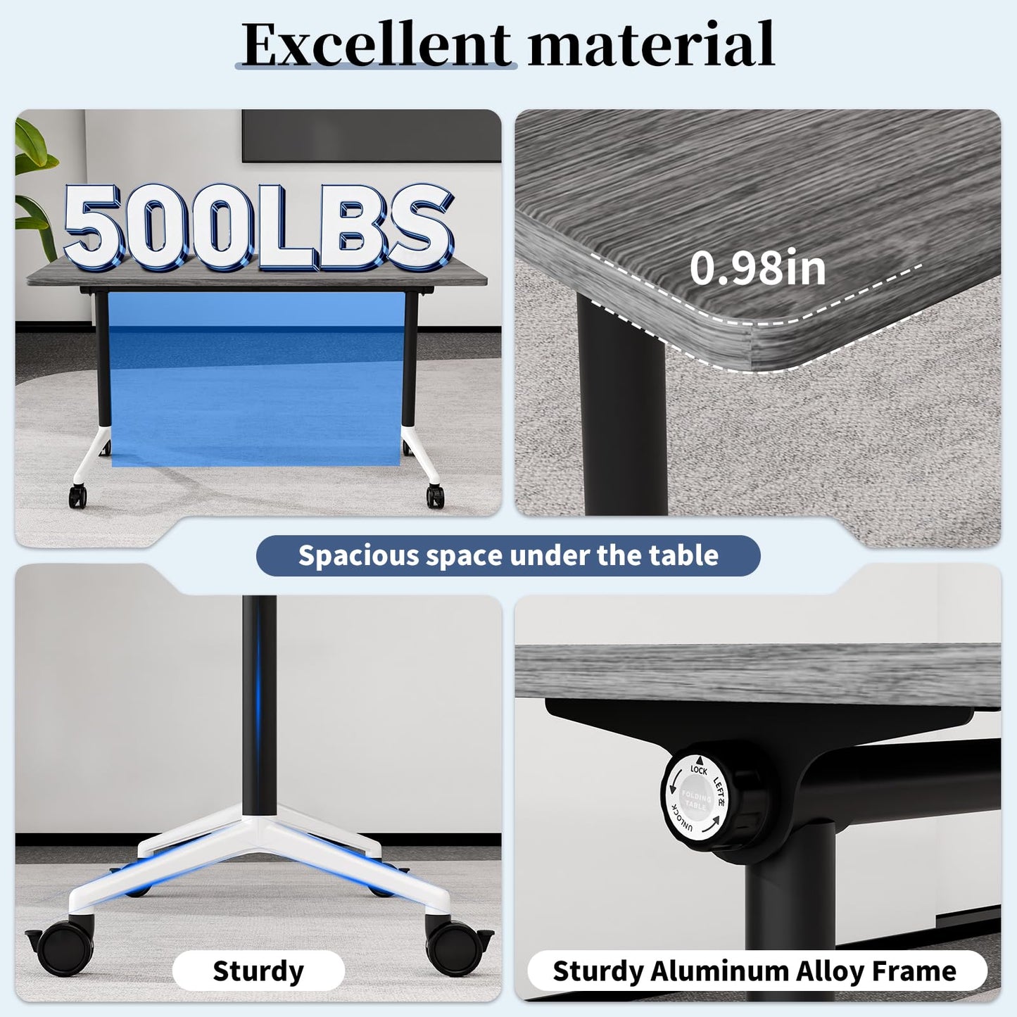Modular Folding Conference Table with Wheels,2 Pack Mobile Conference Room Tables,Filp Top Rolling Meeting Training Tables for Office,Classroom,Library,Seminar,Boardroom,school(2pack,Grey,47in)