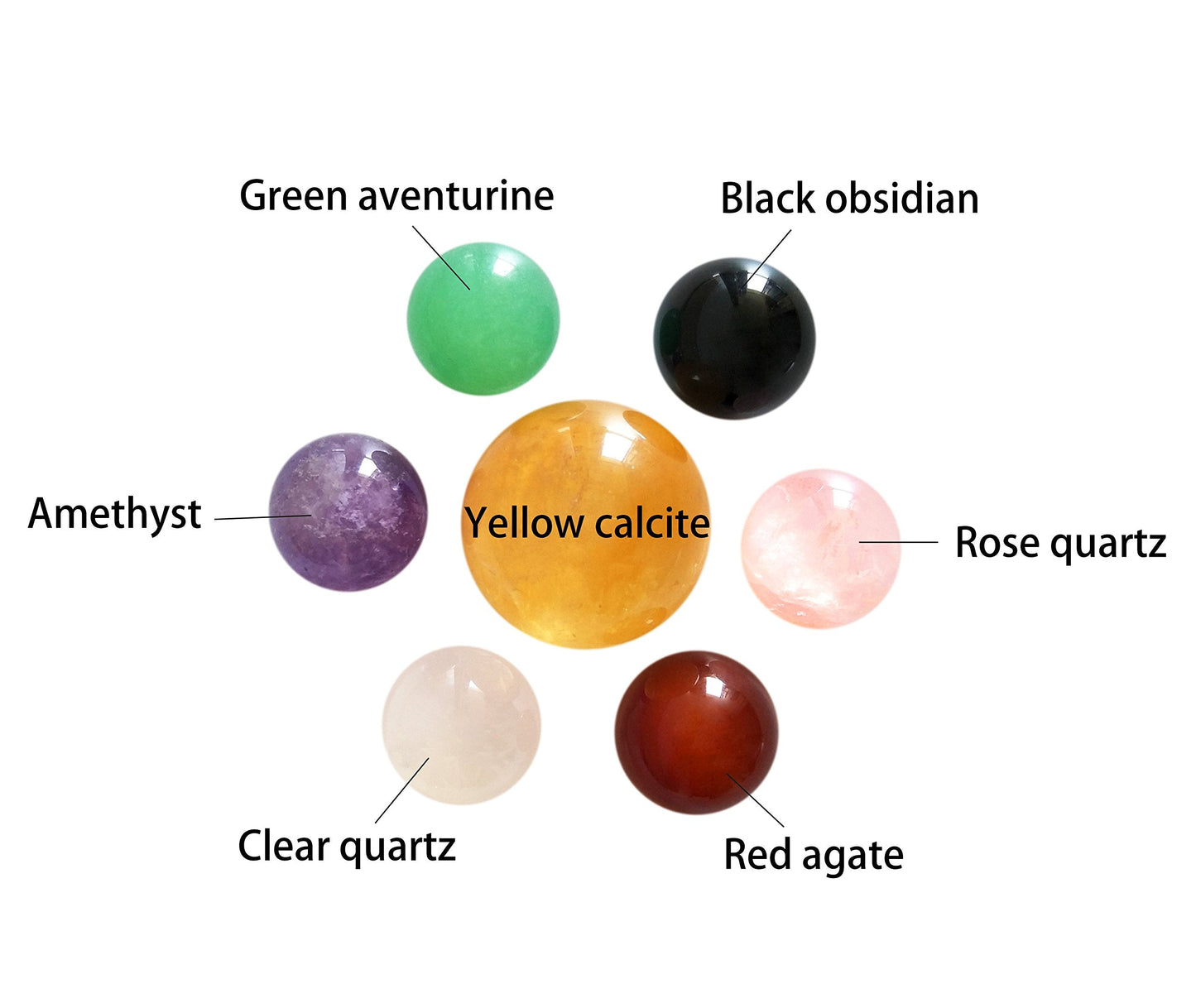 Mina Heal Set of 7 Natural Chakra Crystal Balls, Yellow Calcite, Black Obsidian, Rose Quartz, Clear Quartz, Green Aventurine, Amethyst and Red Agate Spheres for Meditation, Feng Shui and Home Décor