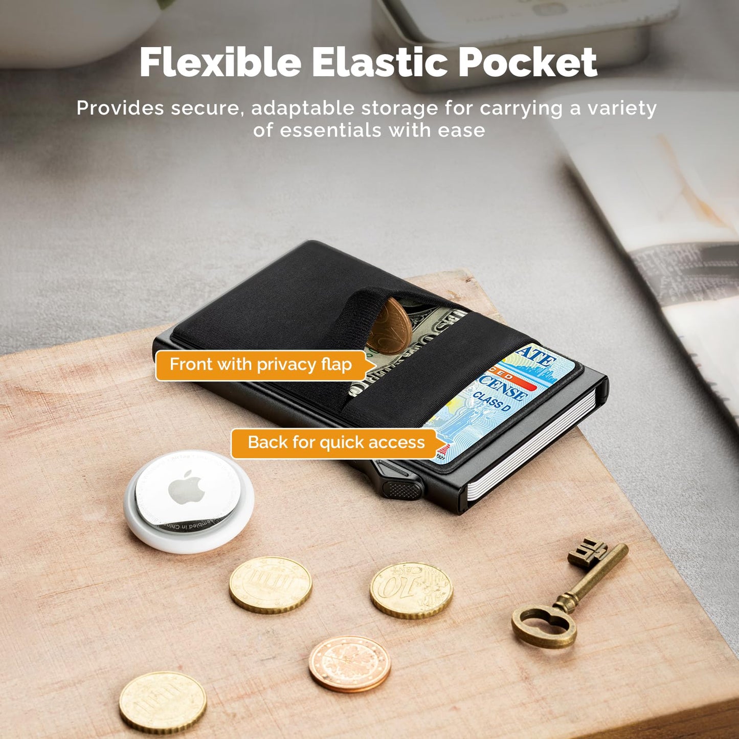 YESIIW Slim Wallet for Men - Pop up Card Holder RFID Blocking Minimalist Business Credit Card Wallet with Money Pocket Metal Card Case for Notes and Coins and Debit Cards Black