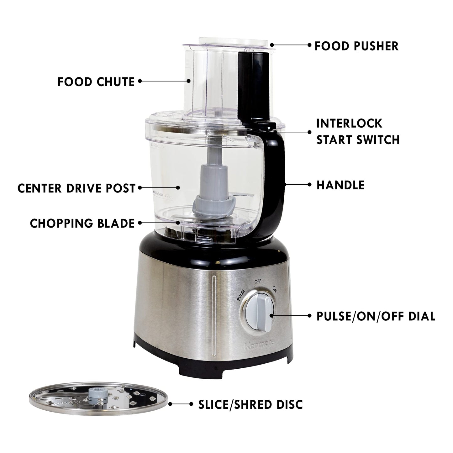 Kenmore Food Processor and Vegetable Chopper with Reversible Slicing/Shredding Disc, Chop, Slice, Shred, Mince, Grate, Puree, Stainless Steel, 11-Cup, 500W, Black and Silver
