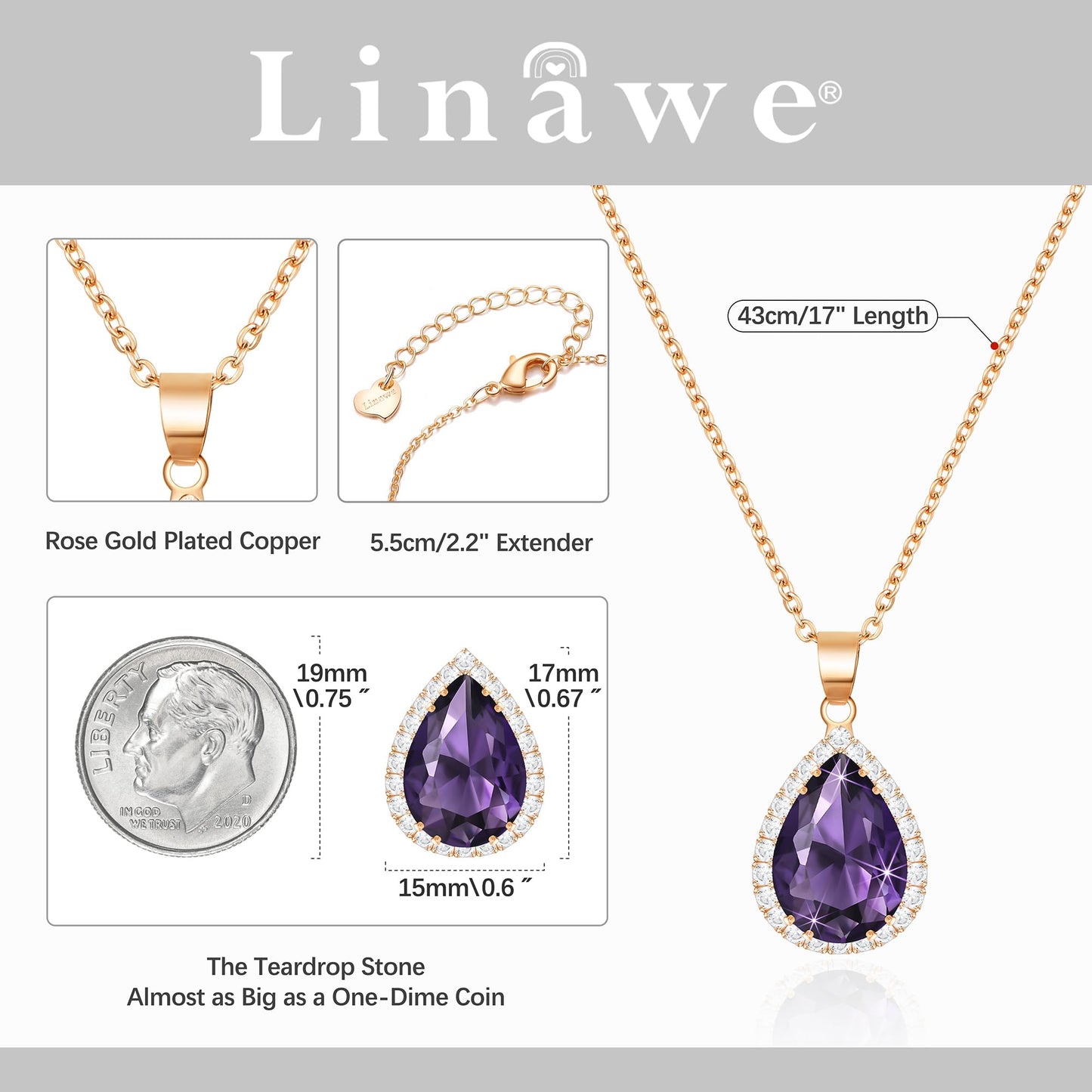 Linawe Lab Created Amethyst Crystal Chain Necklace for Women Trendy Rose Imitation Gold Plated, Purple Imitation Diamond Cubic Zirconia Rhinestone Birthstone Pendant Necklace
