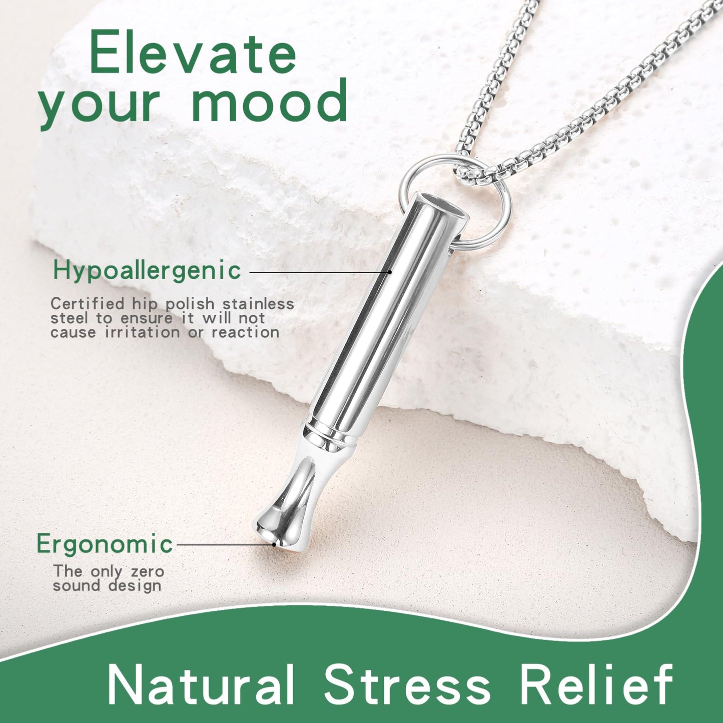hooppoo Breathing Necklace for Calm & Focus - Personal Essential Oil Diffuser for Anxiety Relief, Quit Smoking, Yoga and Meditation - Reusable Stainless Steel Pendant for Women Men (Silver)