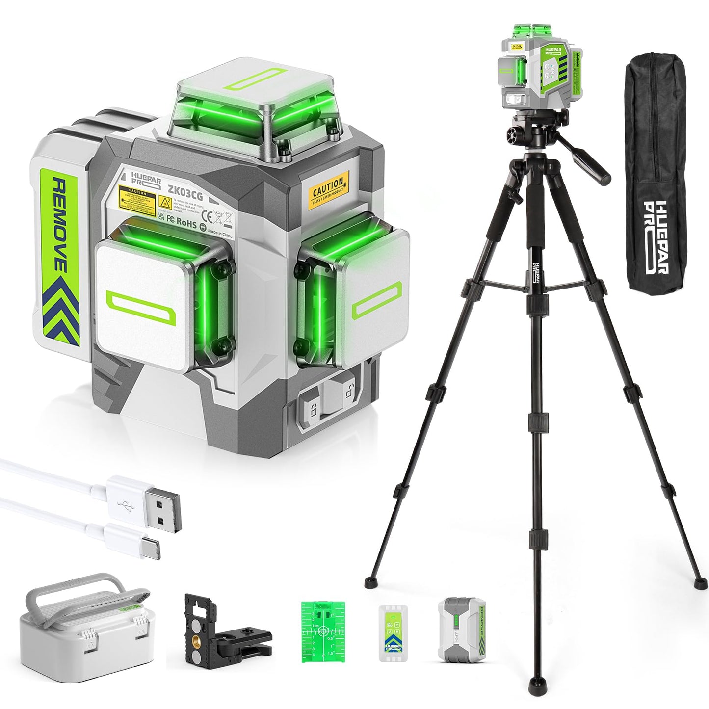 Huepar Pro Laser Level 360 Self Leveling with 50inch Tripod, 3 x 360° High Brightness Green Laser Leveler Tool for Construction, Tile and Picture Hanging, 8000mAh Li-ion Battery & Magnetic Bracket