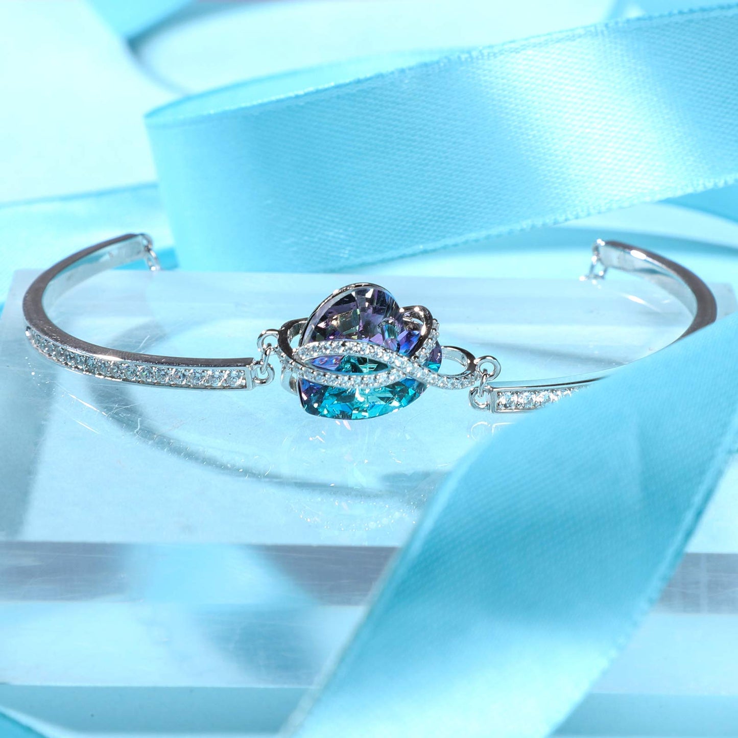 AOBOCO Infinity Heart Bangle Bracelet Sterling Silver I Love You Women Bracelet with Blue-purle Crystals from Austria, Fine Anniversary Birthday Jewelry Gifts for Her Wife Girlfriend Daughter Sister