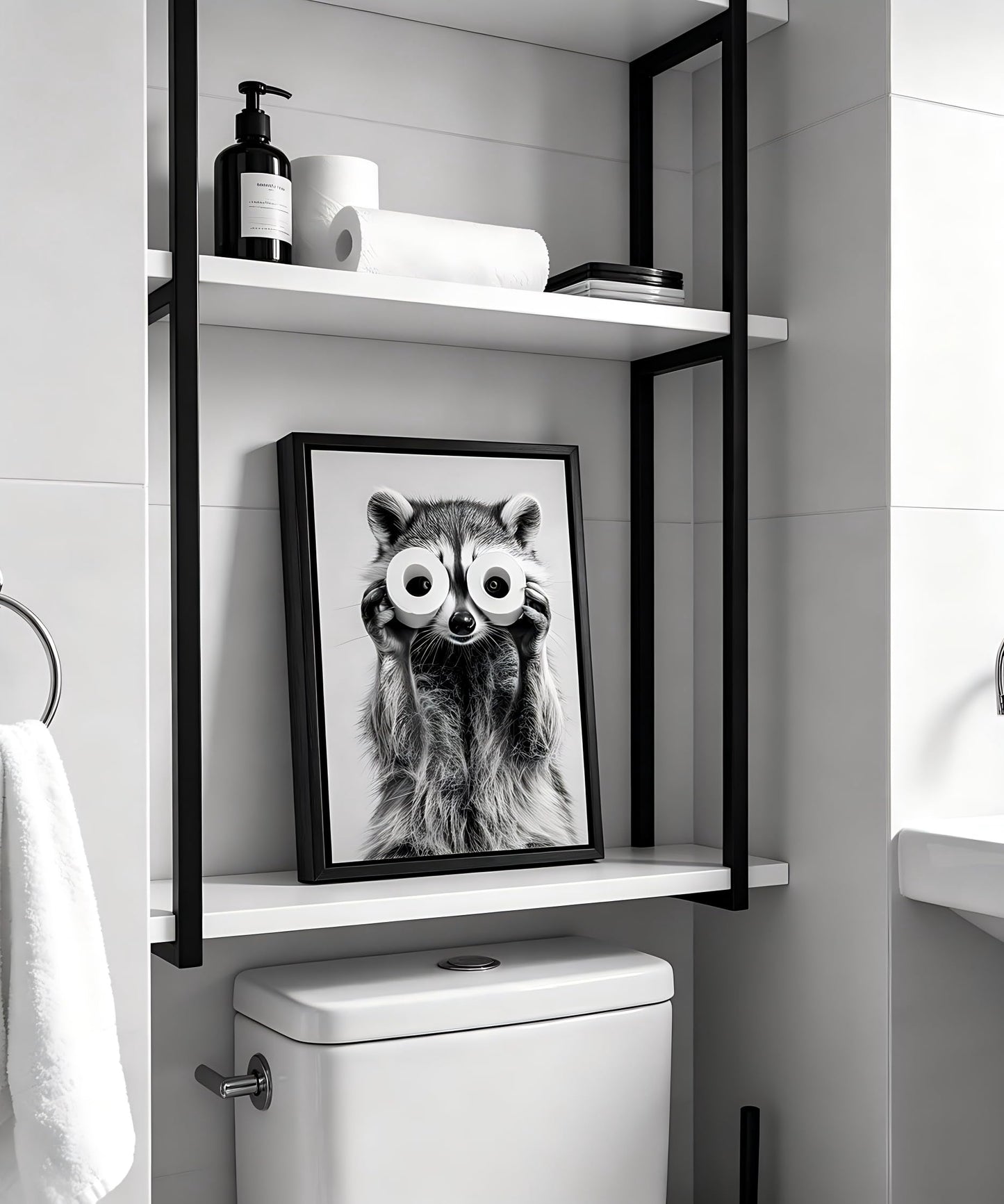 Framed Adorable Raccoon Bathroom Canvas Wall Art Toilet Paper Raccoon Wall Decor Pictures Funny Black and White Bathroom Animal Posters Prints for Restroom Home Decoration 8x10in