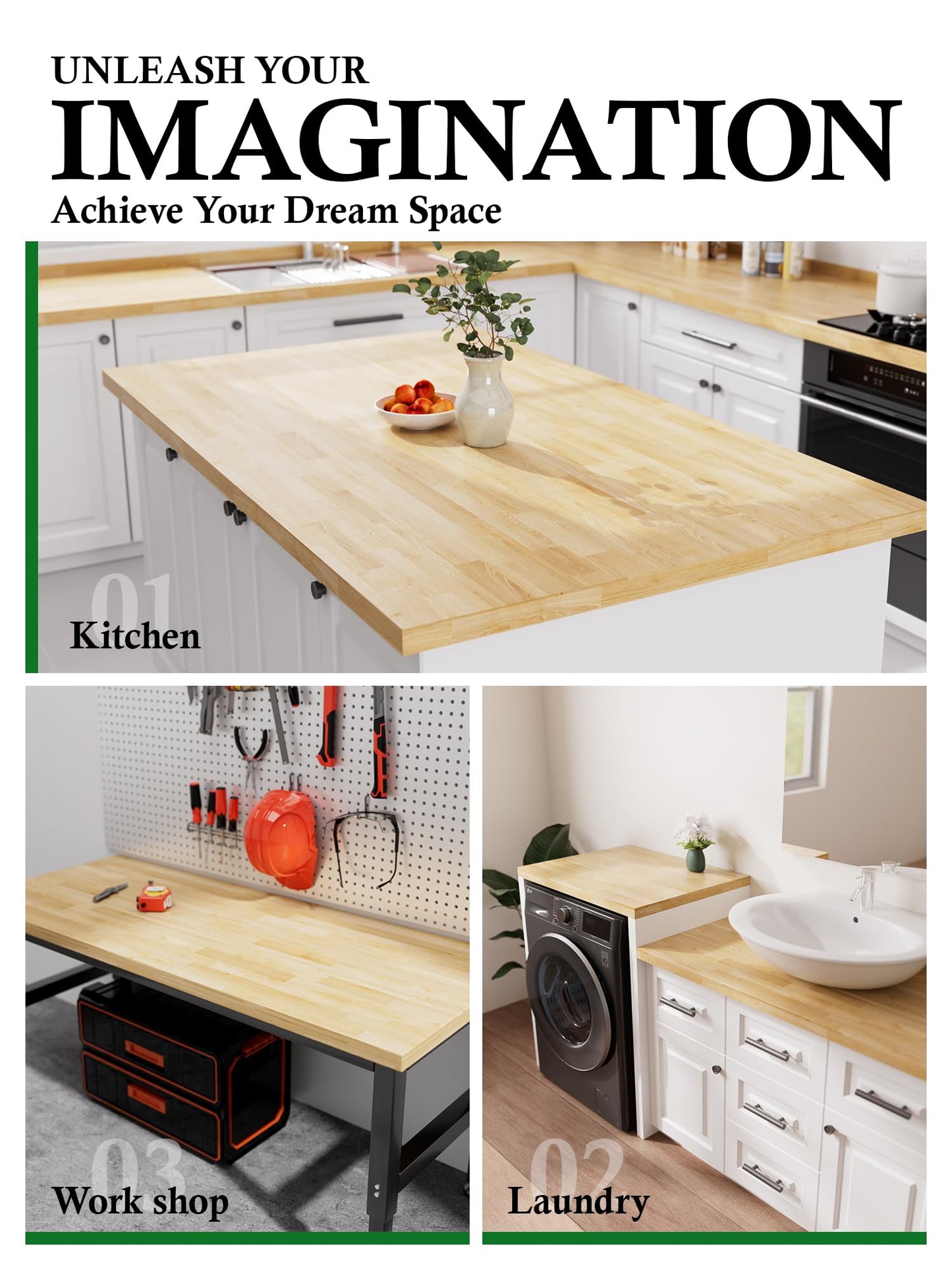4FT Butcher Block Countertop Birch Solid Wood - 50" x 25" Table Top Butcher Block Cutting Board for Kitchen Island Cart Living Dining Office Desk Workbench Washer Dryer Countertop Unfinished 1.5" Th