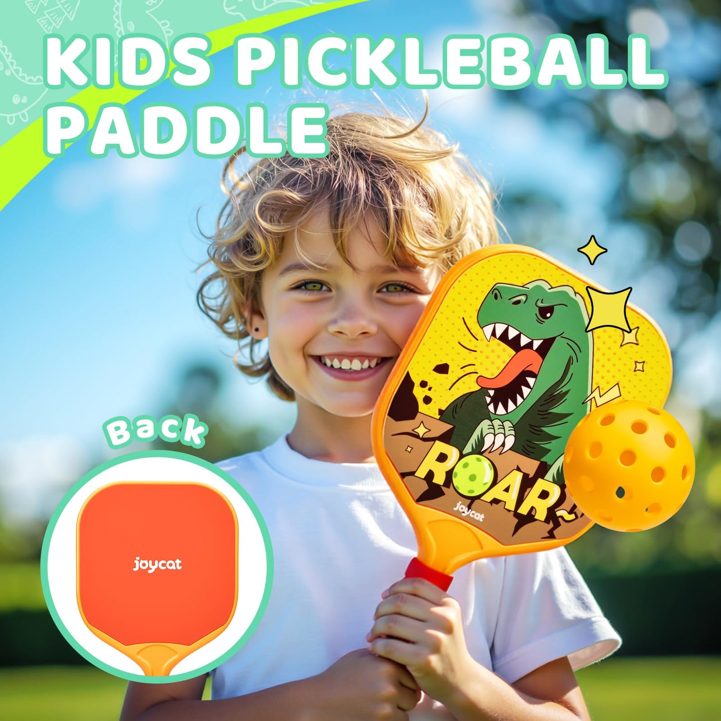 Joycat Kids Pickleball Paddles Set of 2, Lightweight Plastic Cute Pickleball Paddles for Kid with Small Grip, 2 Pickleballs, 1 Drawstring Bag,Indoor Outdoor Sport Gifts for Kids,Beginner (Dinosaur)