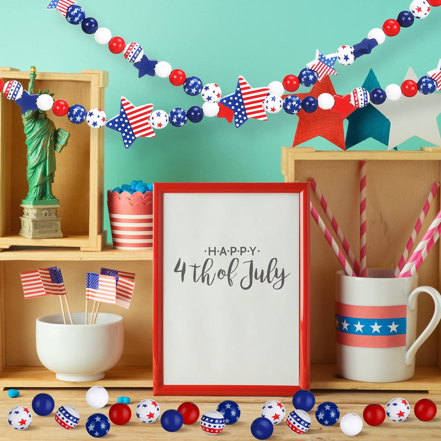 Bencailor 248 Pcs 4th of July Wood Beads Patriotic Wooden Bead for Craft Red White Blue America Flag Stars Charm for 250th Anniversary Memorial Independence Day Decor DIY Garland Bracelet Necklaces