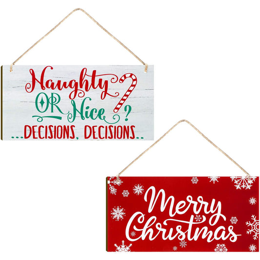 2 Pieces Christmas Wood Hanging Naughty or Nice Decisions Funny Signs Winter Decorative Wall Signs Rustic Wooden Door Sign Ornament for Indoor Outdoor Holiday Home Classroom Office Decoration