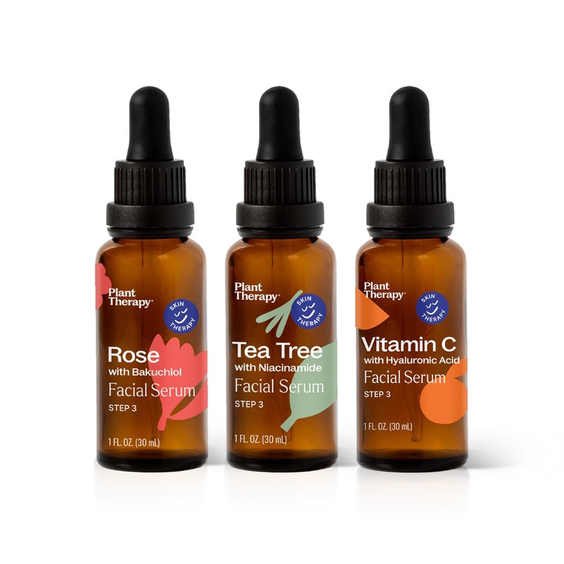 Plant Therapy Facial Serum Trio Set 1 oz each, Vitamin C & Hyaluronic Acid, Rose with Bakuchiol & Tea Tree with Niacinamide, Reduces the Appearance of Fine Lines & Wrinkles