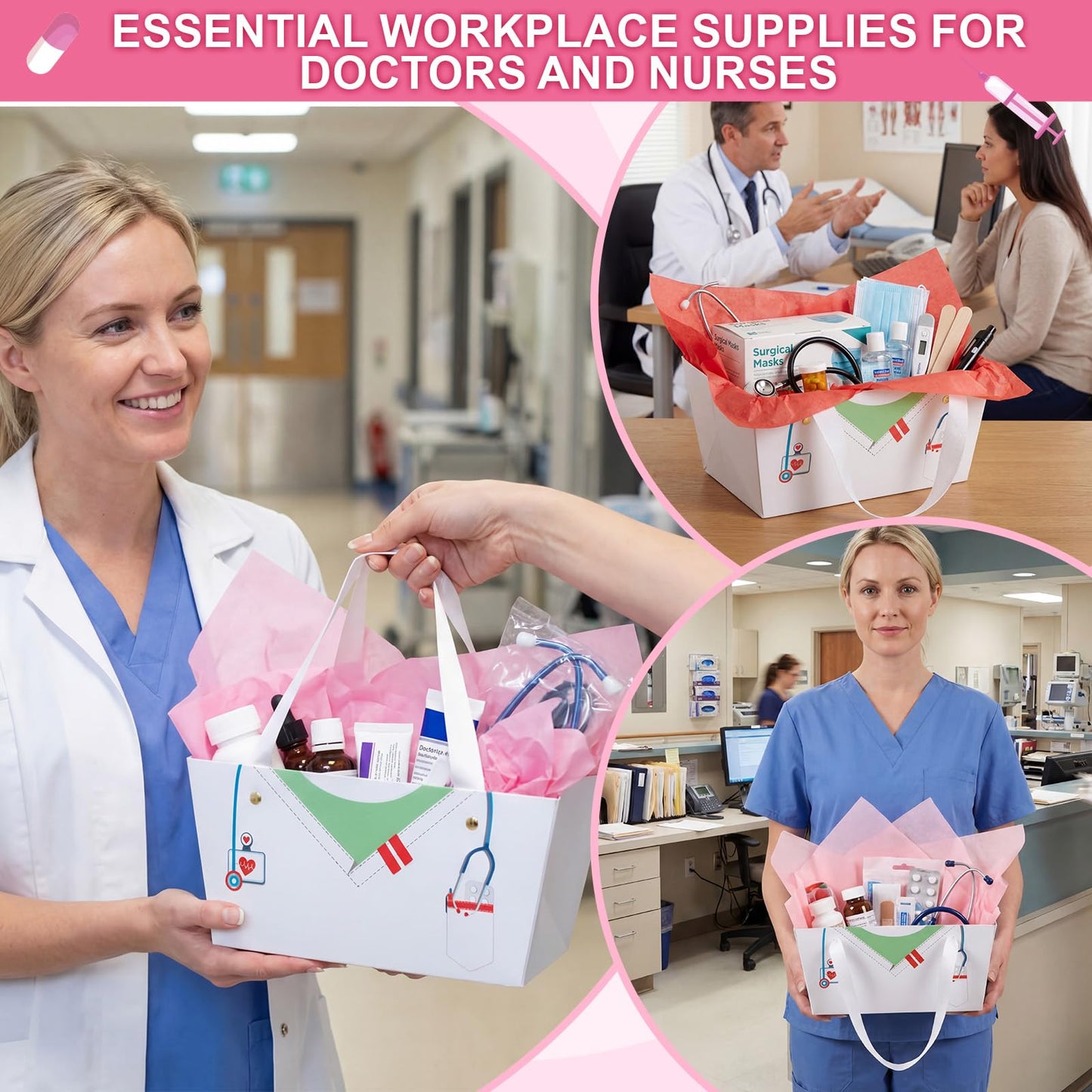 Supervitae 60 Pcs Nurse Graduation Gift Baskets Bulk with Handles, Empty DIY Paper Gift Basket Kit with Tissue Paper, Appreciation Gifts Baskets Treat Bag for Nursing, Nurse Week Party Supplies(White)