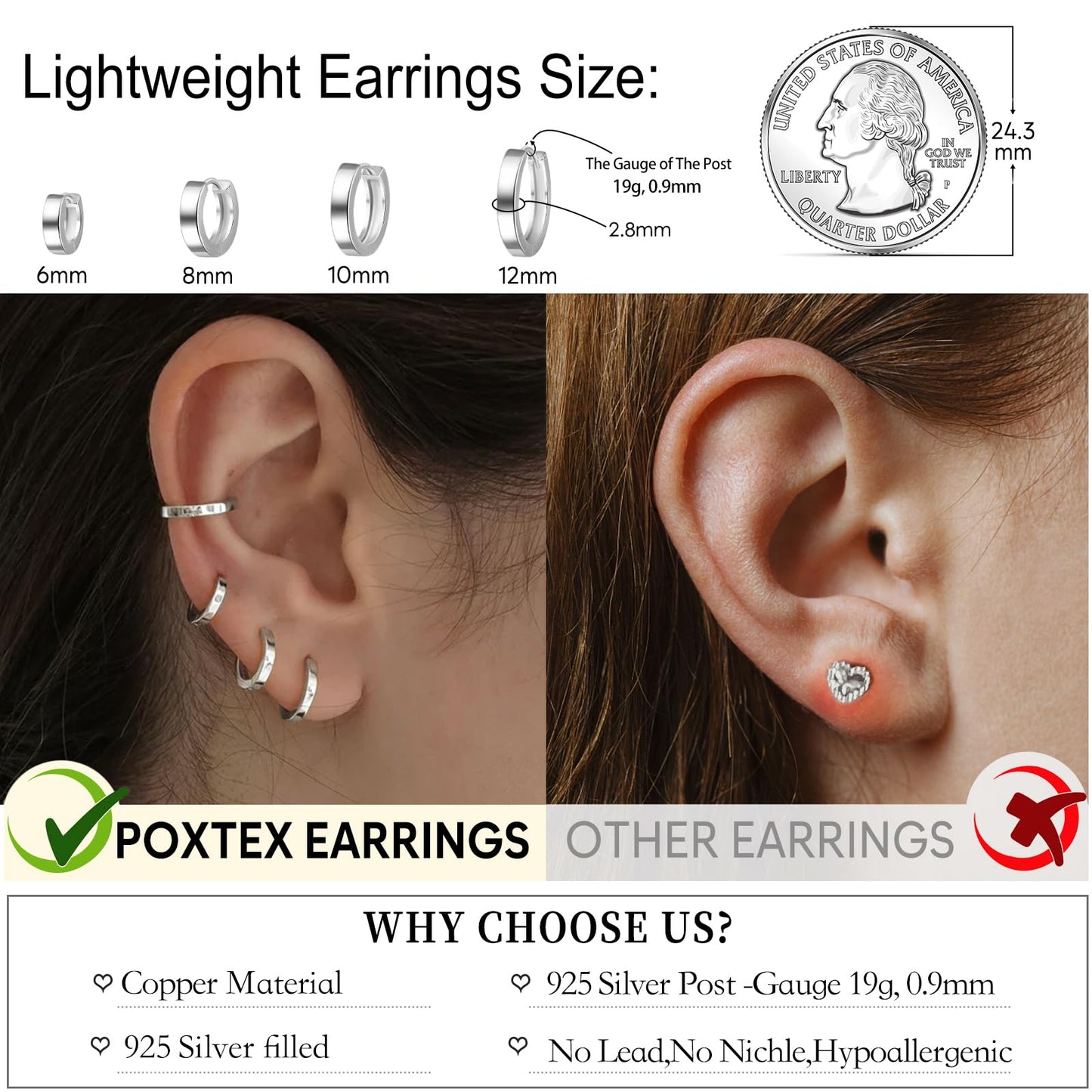 Chunky Hoop Earrings for Women Silver Plated Huggie Cartilage Earrings Set for Multiple Piercing Lightweight Jewelry for Gifts