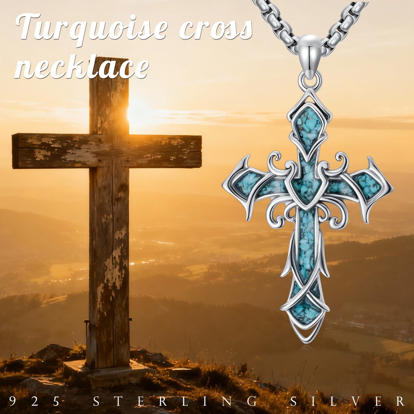YEESIA Cross Necklace for Men Women, 925 Sterling Silver Cross Pendant Necklace with Turquoise, Christian Jewelry, Gift for Men Women