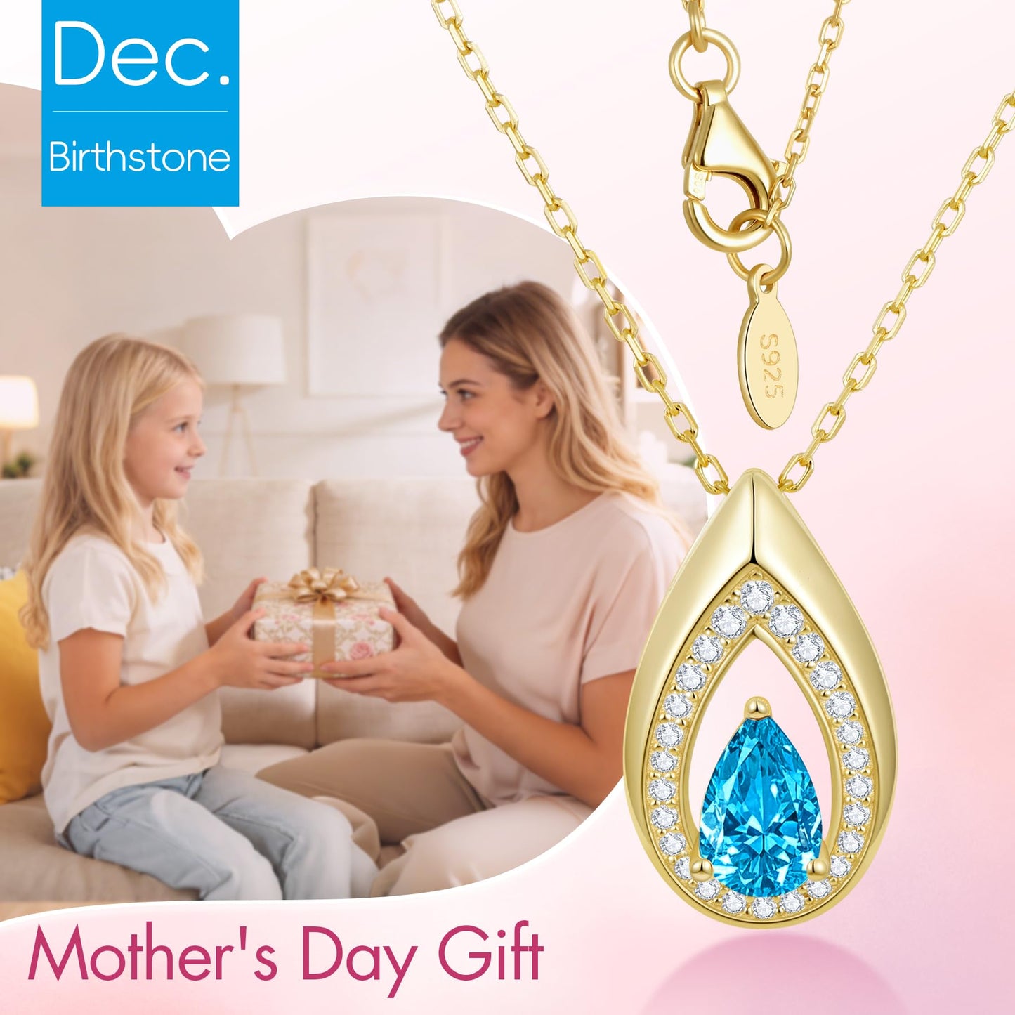Kstyle 14k Gold Blue Topaz December Birthstone Pendant Necklaces for Women Valentine's Day Birthday Gift Anniversary Jewelry for Wife Daughter Grandma Mom Sister Non Tarnish