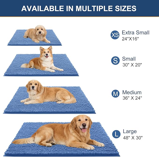 OLANLY Dog Door Mat for Muddy Paws 44x24, Ultra Absorbent Chenille Mud Doormat, Non-Slip Washable and Dirt Trapping Doormat for Indoor Entryway, Quick-Dry Indoor Pet Bed Mats for Dogs, Cornflower Blue