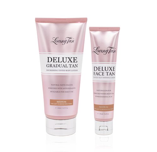 Loving Tan Deluxe Gradual Tanning Lotion (5.07Oz) + Face Tan, Medium (1.6Oz) - Streak Free, Natural Professional Strength Sunless Tanner, 7+ Applications per Bottle, Naturally Derived DHA, 2-Count