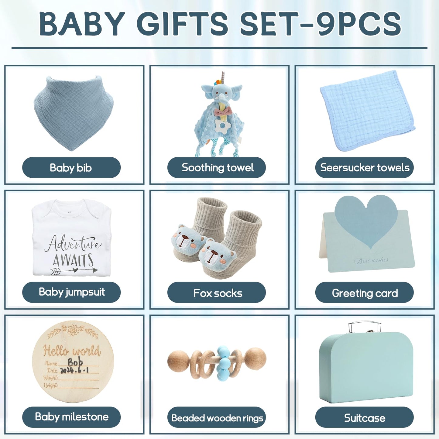 Baby Gift Set Baby Shower Gifts Basket for Newborns New Born Baby Boy Gift Set Blue Baby Gift Basket with Baby Rattle Muslin Towel Security Blanket Gender Reveal Gifts for Baby Girls Boys
