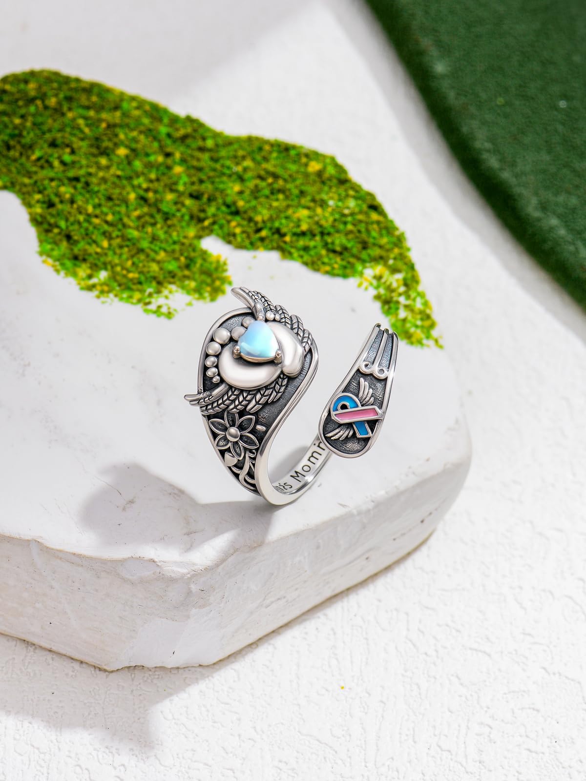 Midari Mommy of an Angel Spoon Rings for Women 925 Sterling Silver Adjustable Heart Footprint Mommy of An Angel Memorial Rings Open Spoon Thumb Rings Mom Jewelry for Women Men Birthday Christmas Gift