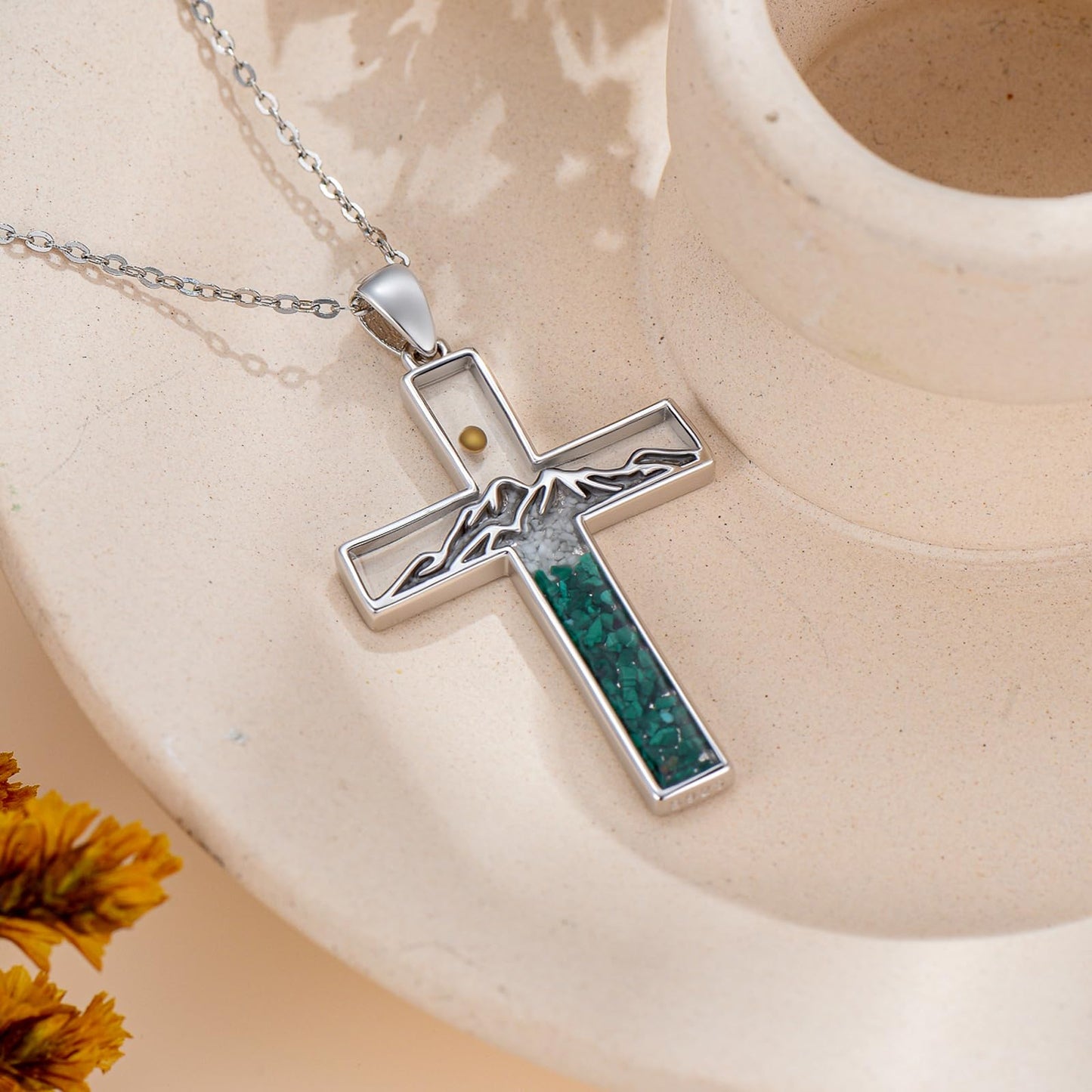 Suiknsn Mustard Seed Necklace 925 Sterling Silver Malachite Mountain Necklace Faith Cross Pendant Religious Christian Jewelry Hiking Graduation Gifts for Women Girlfriend