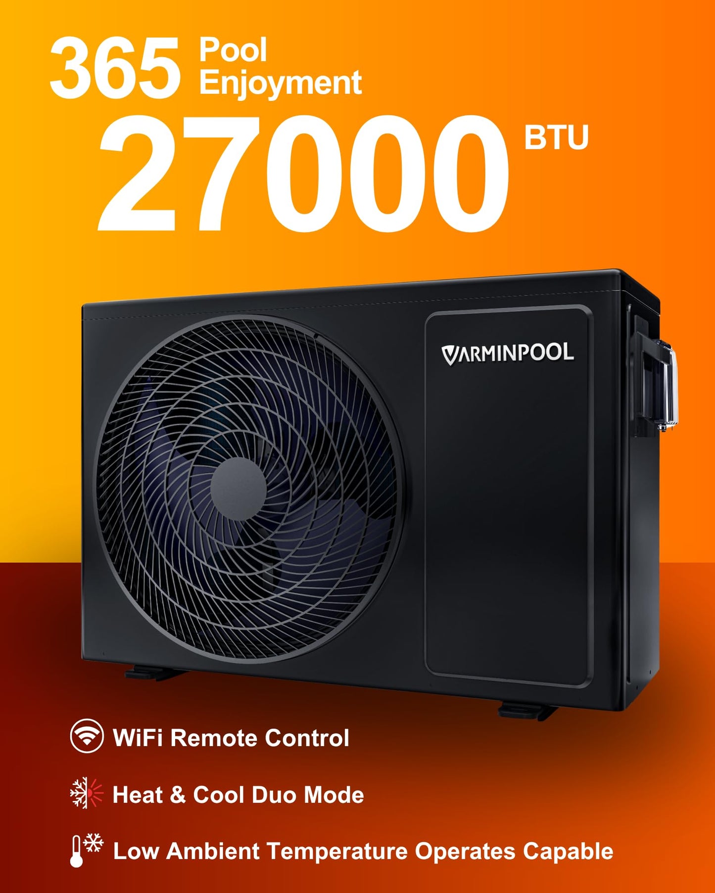 VARMINPOOL Smart Pool Heat Pump with WiFi Remote Control for 7000 Gals In and Above Ground Pool, 27000 BTU Electric Pool Heater, No Gas, 120V, Titanium Heat Exchanger