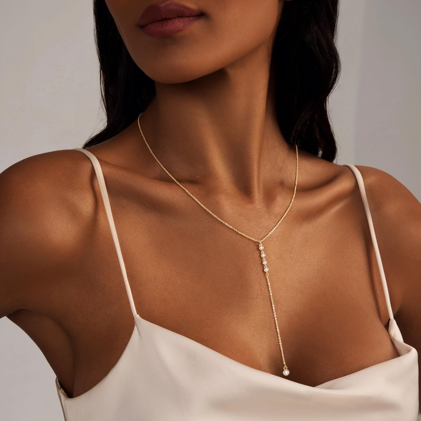 HERIER Lariat Gold Long Necklaces for Women Trendy Dainty 14K Gold Plated Drop Necklace Layered Simple CZ Y-Shaped Necklace Jewelry Gifts