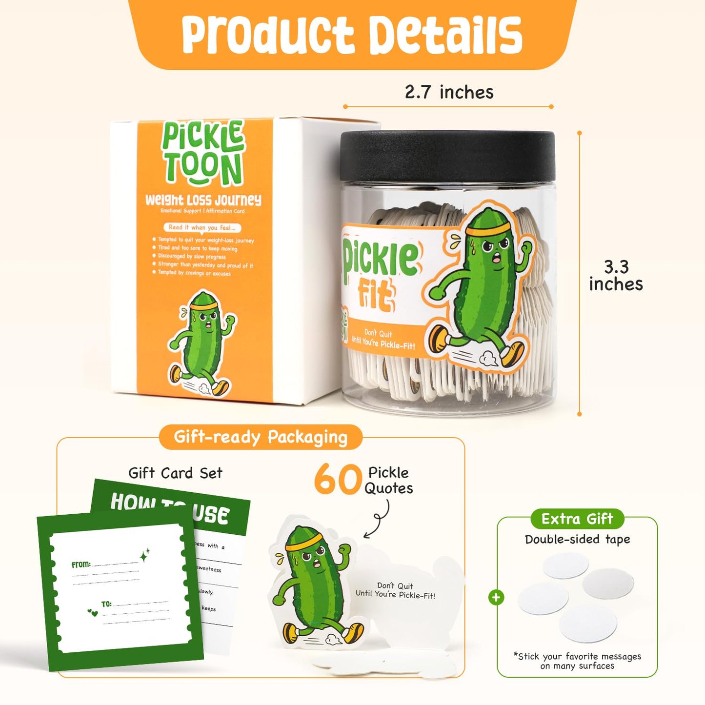 Pickletoon Emotional Support Positive Pickle Jar (PICKLE FIT) – Workout Motivation Jar, 60 Gym Affirmation Cards for Weight Loss & Fitness Goals, Get Fit Gifts for Women & Teen Girls