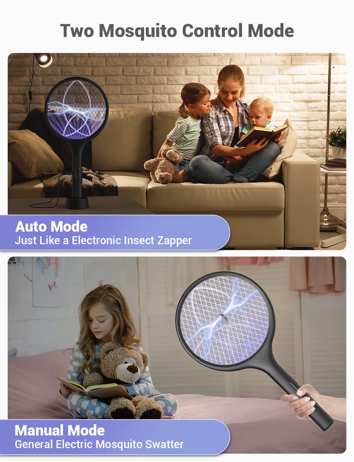 YISSVIC Electric Fly Swatter Bug Zapper Racket Dual Modes Mosquito Killer with Purple Mosquito Light Rechargeable for Indoor Home Office Backyard Patio Camping (Black 2 Pack)