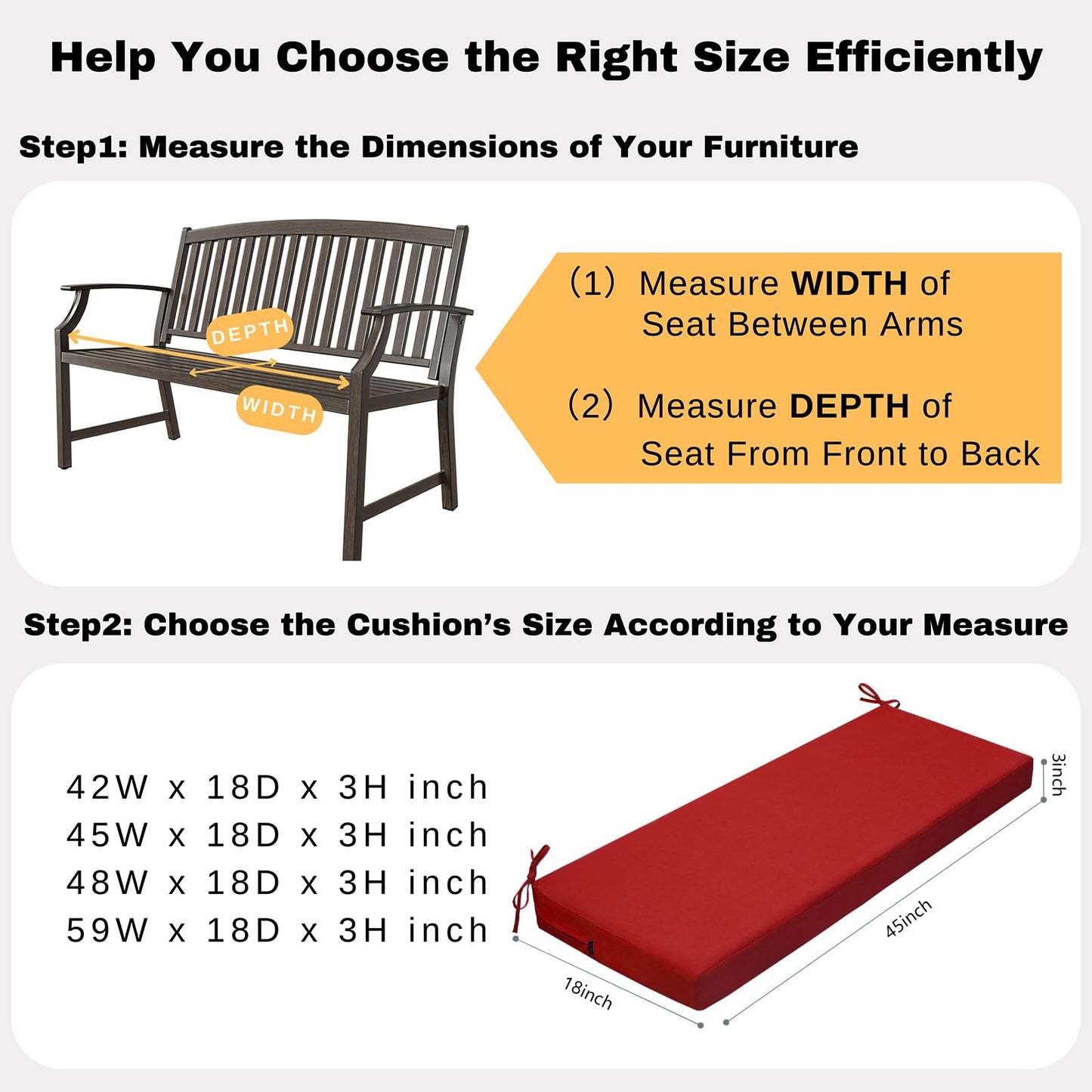idee-home Outdoor Bench Cushion Waterproof, Bench Cushions for Outdoor Furniture, Patio Porch Swing Replacement Seat Pad with Ties for Garden Backyard, 45 x 18 Inch Red