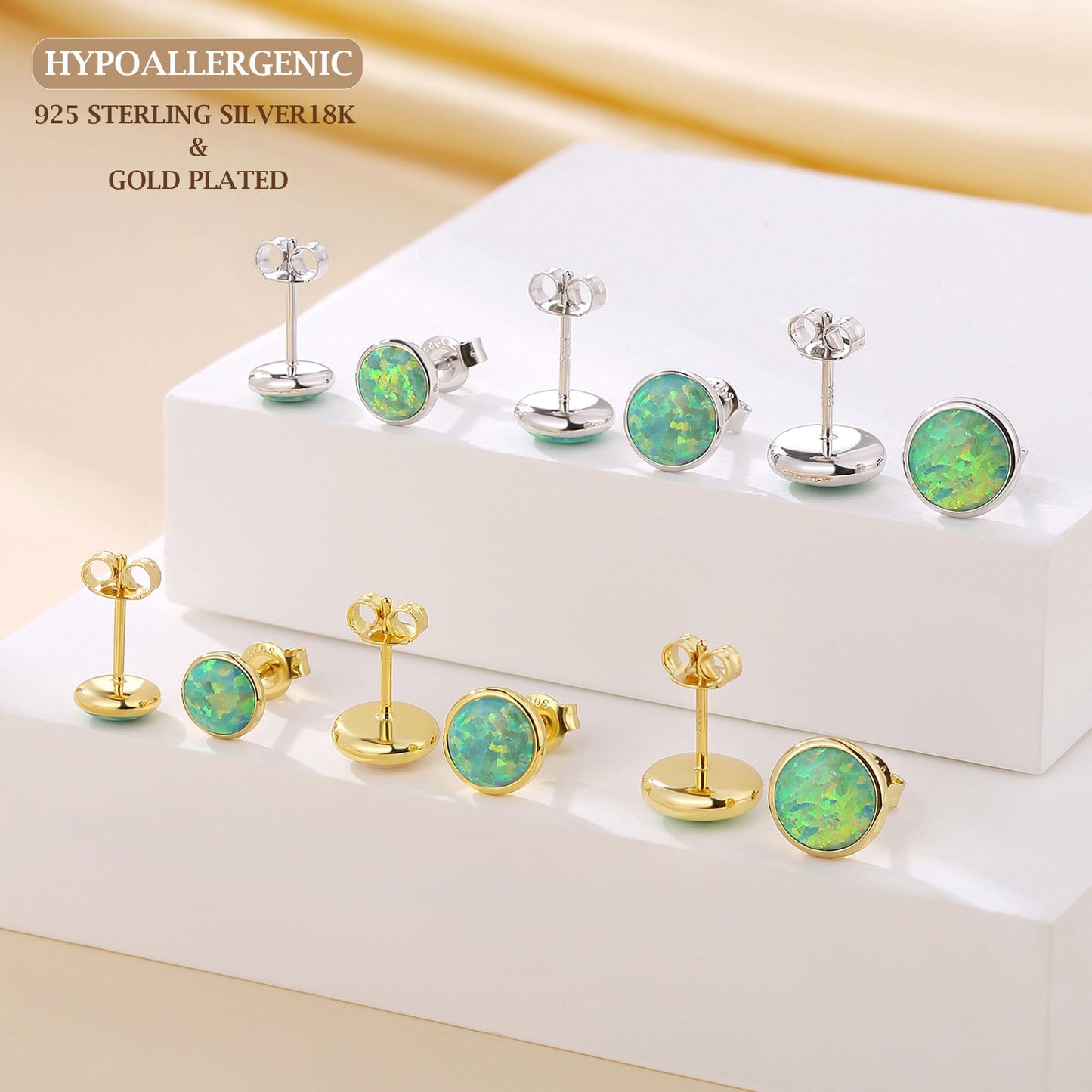 JiayangJY Silver Green Fire Opal Stud Earrings for Women Sterling Silver Round Shape 6mm Opal Earrings with Push Back
