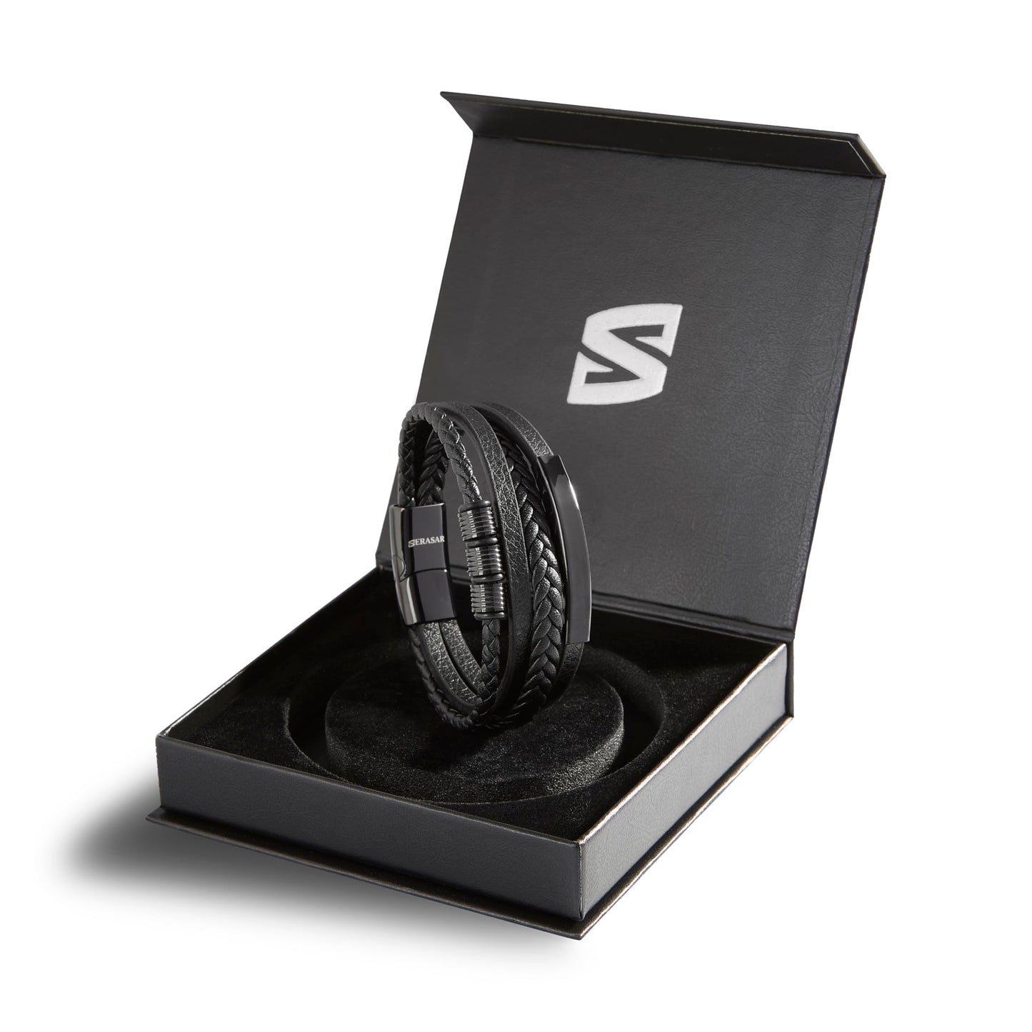 SERASAR Pulsera de cuero negro para hombre 23cm negra Hombres Caja regalo genuino Trenzado Multicapa Abrigo Pulseras masculinas Joyas magnéticas