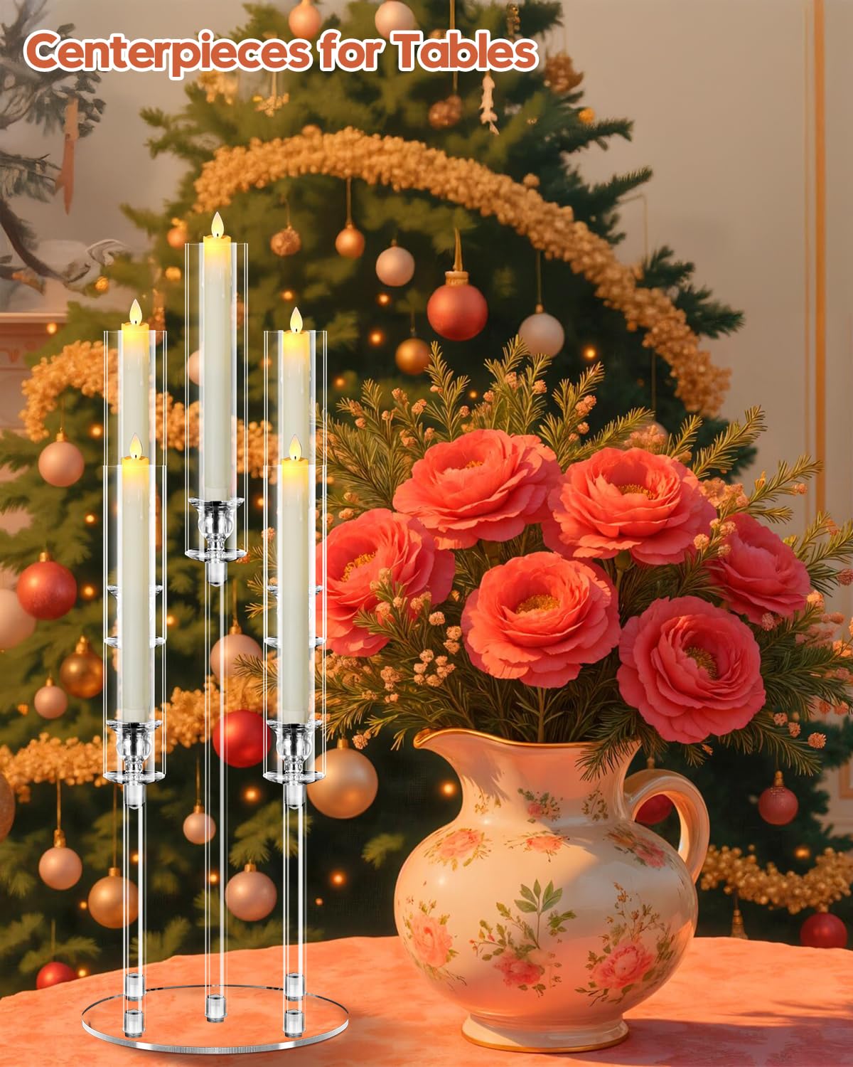 6 Set 5 Arm Acrylic Candelabra Centerpiece, Mjkeomo 27'' Tall Clear Candle Holder for Table, Wedding, Christmas, Fireplace Mantel Decor, Fits 0.82" LED Candles"