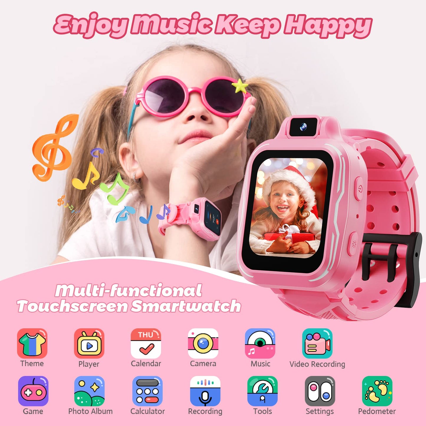 VANSING Kids Digital Watch Girls, Best Christmas Birthday Gifts for Age 3 4 5 6 7 8 9 Years Children,Touchscreen Toddler Sport Smart Watch with Camera FM MP3 Pedometer - Light Pink with 32GB SD Card