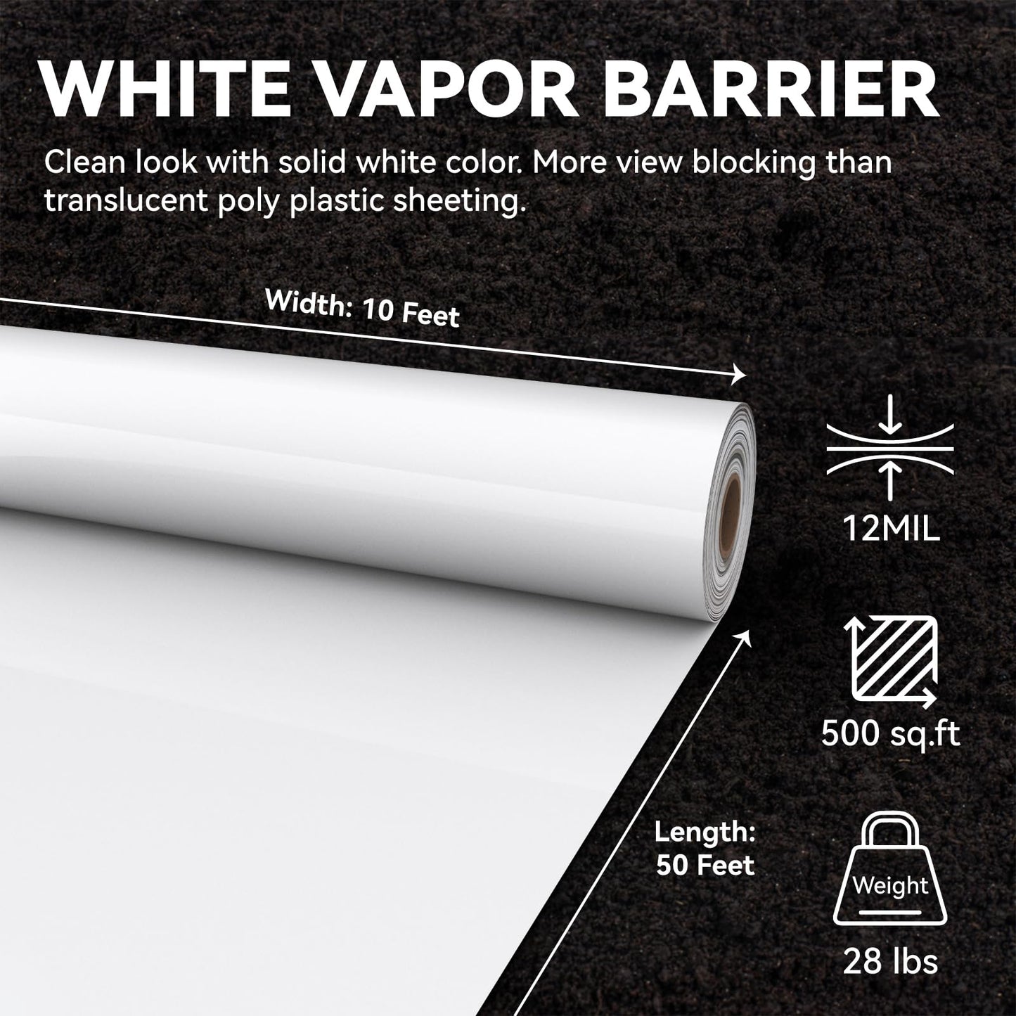 Spirecover White Crawl Space Vapor Barrier, 12 Mil Vapor Barrier, 10' x 50', Heavy Duty Polyethylene Film, Thick Plastic Sheeting, Plastic Drop Cloth Covering for Crawl Space