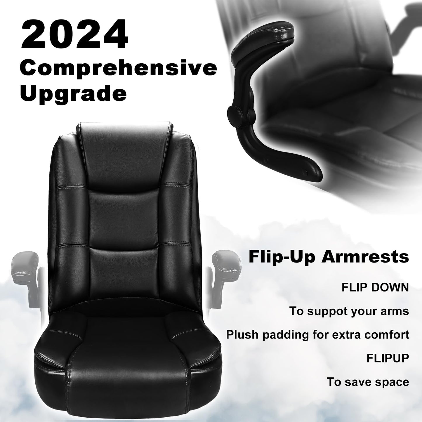 OFIKA Big and Tall Office Chair Computer Desk Chair - Ergonomic High Back Lumbar Support Home Office Chair with Padded Flip-up Arms, Adjustable Height Leather Office Executive Chair (Black)