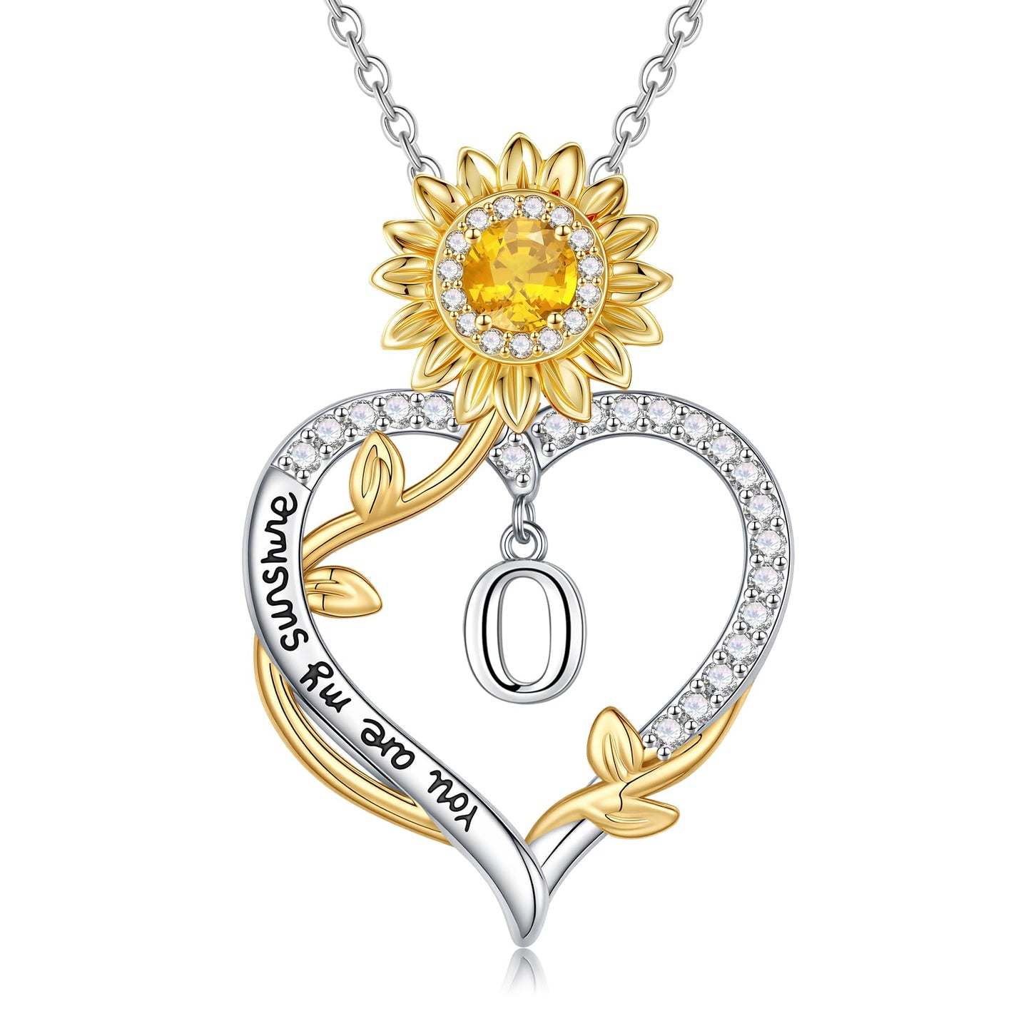 MONOOC Sunflower Gifts for Women - 14K-White-Gold-Plated Sunflower Initial Necklaces for Woman Heart Initial Letter O Necklace, Anniversary Birthday Gifts for Women Jewelry Wife Mom Gift