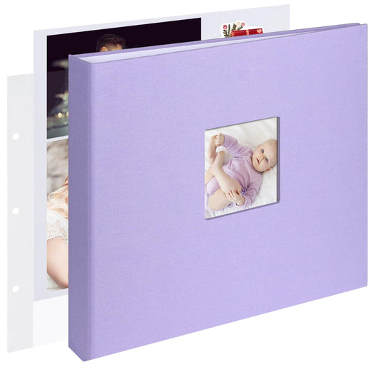 12x12 Inch Large 3 Ring DIY Scrapbook Photo Album Journal with 30 Plastic Sleeves 60 Pages and Fabric Cover for Baby Travel Wedding Anniversary kids Adventure (Purple Cover/White Pages)