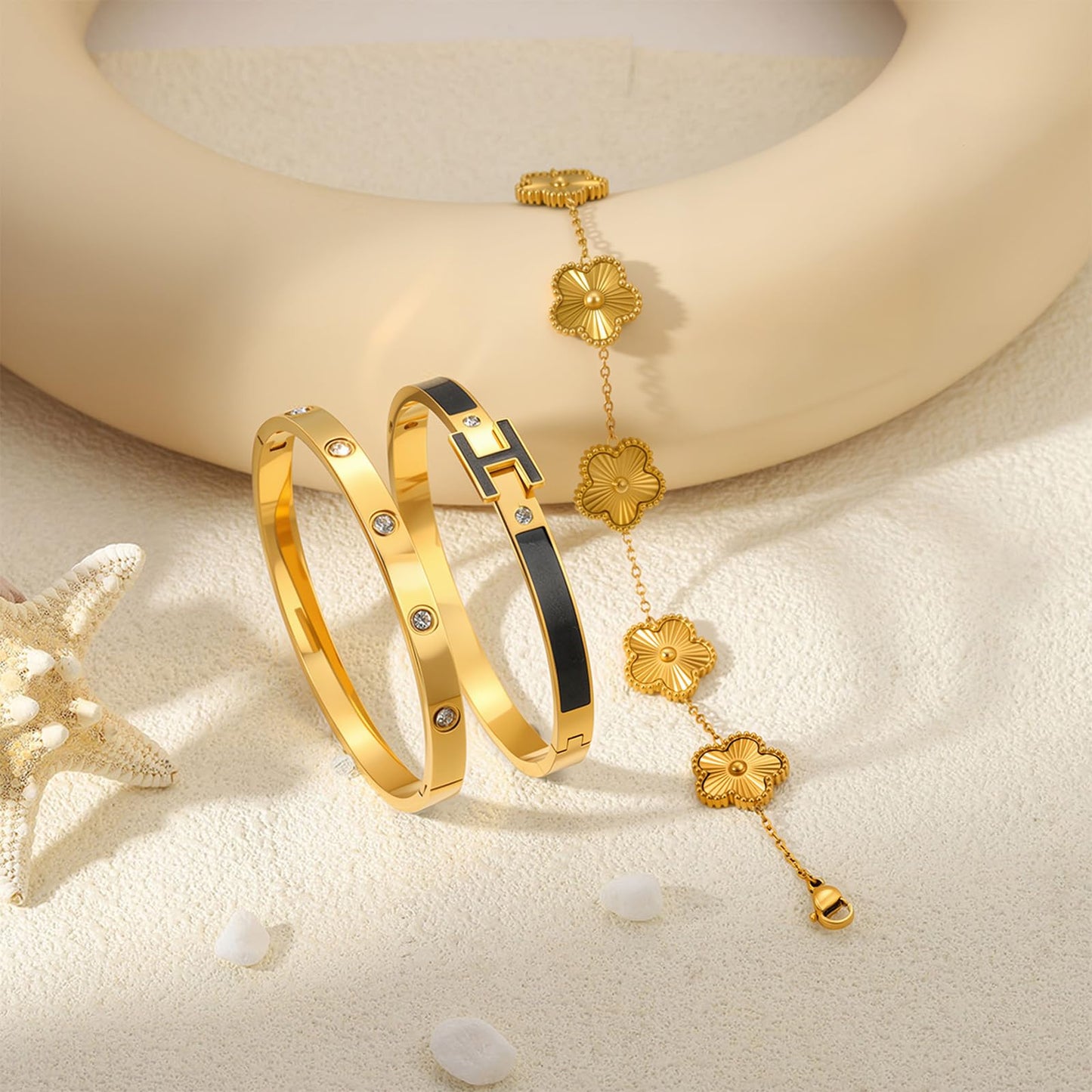 Camhanno Gold Clover Bracelets for Women - 18K Gold Plated Stainless Steel Dainty H Bangle Bracelets| Daily & Party Wear Jewelry, Easter Christmas Mothers Day Gifts
