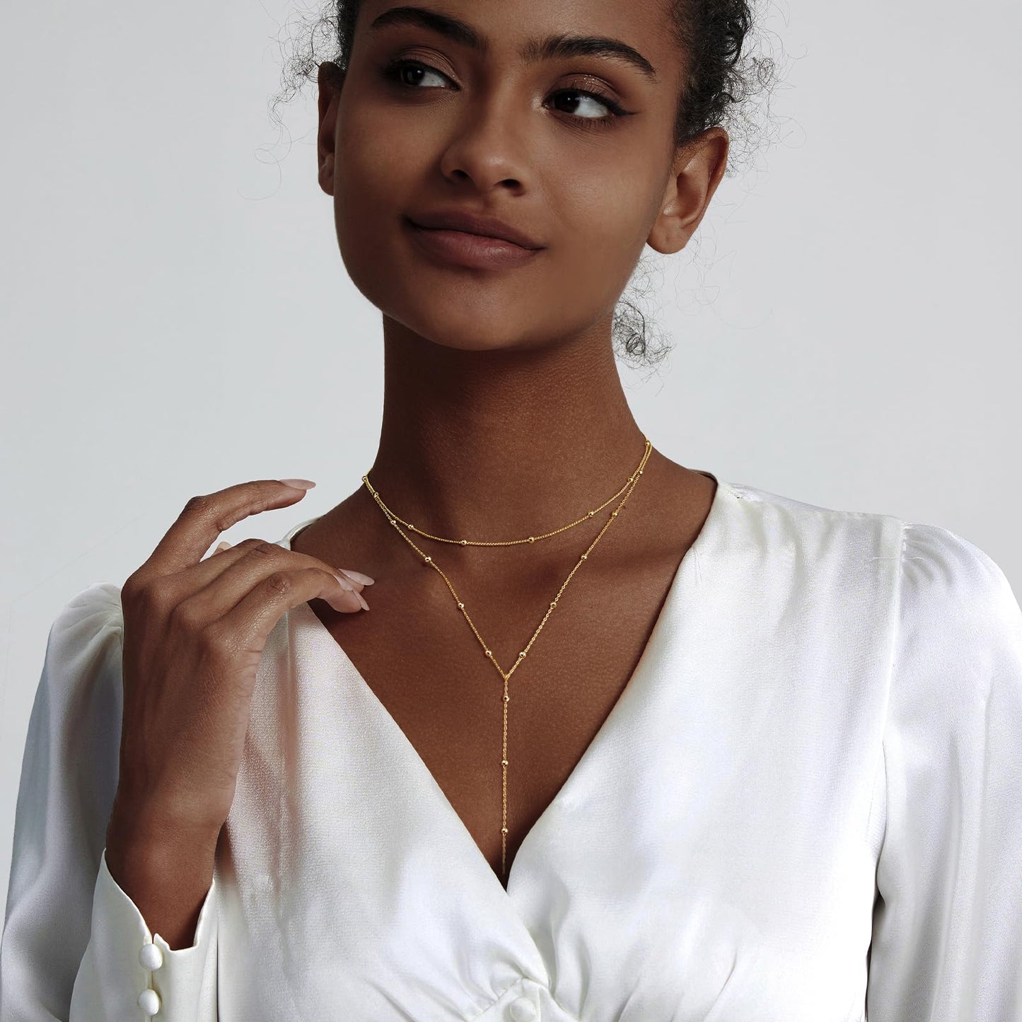 Luxval Gold Necklace for Women Trendy 14k Gold Plated Long Necklaces for Women Dainty Lariat Y Necklace Layered Necklaces Beaded Drop Y-Shaped Chain Jewelry Gift Wedding