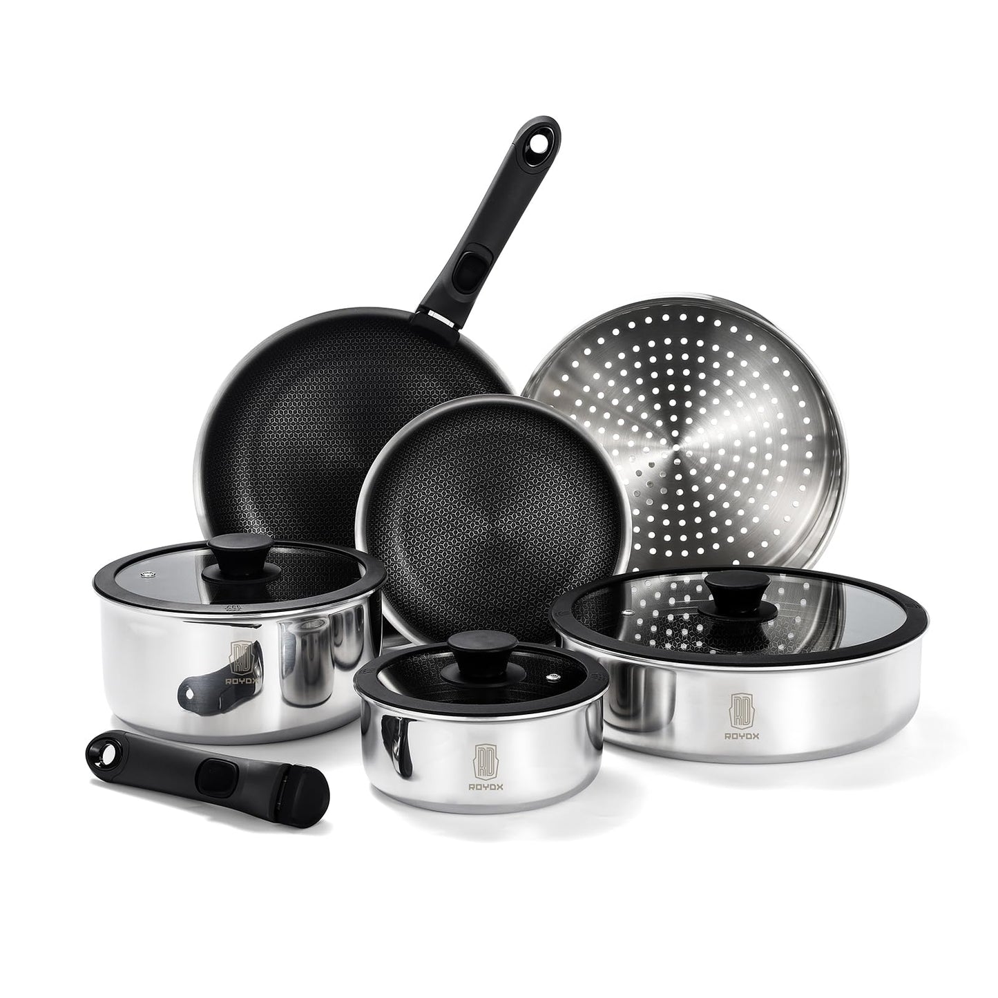 ROYDX New Model Hybrid Nonstick Cookware Set 19-Piece Stainless Steel Pots and Pans Set with Removable Handles, Save Space,Dishwasher and Oven Safe, Induction Ready, Compatible with All Cooktops