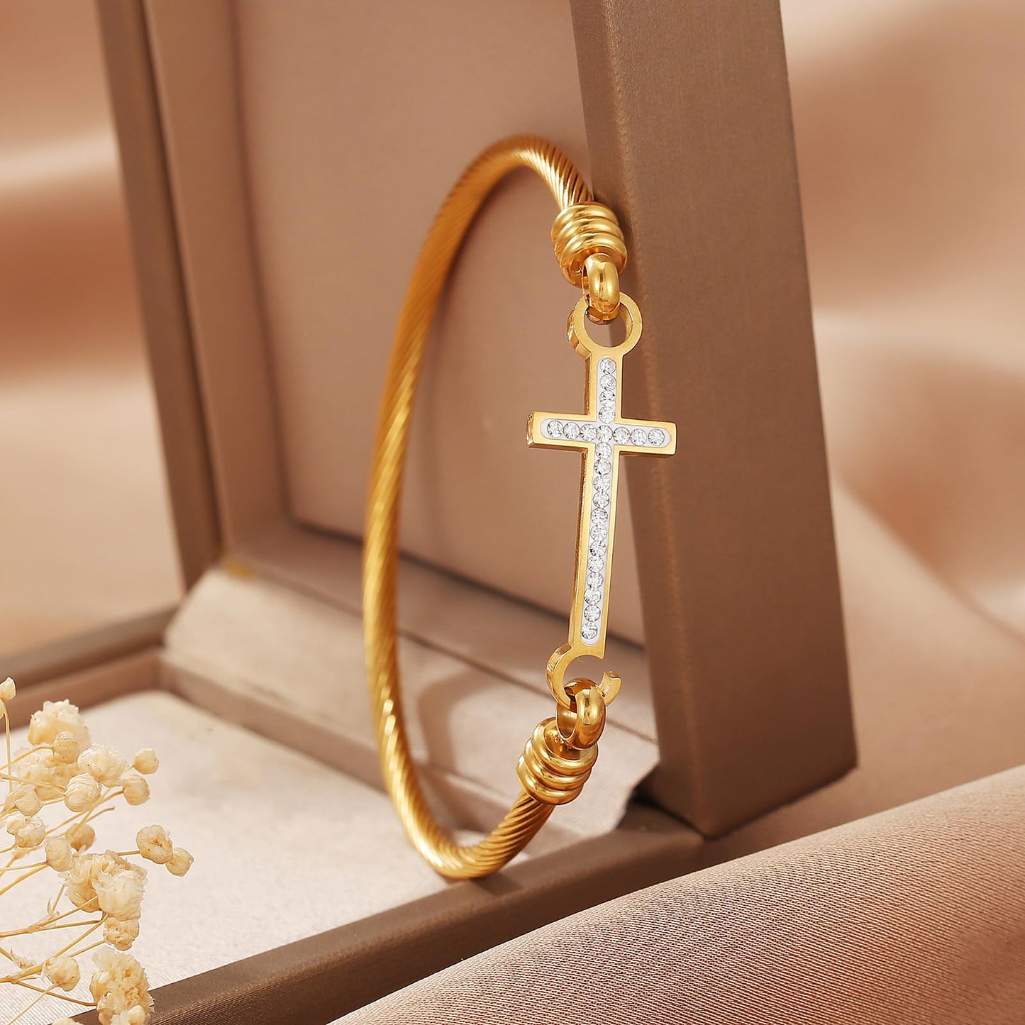 DS Religious Gift for Her Christian Cross Bracelet Bible Verse God is Within Her She Will Not Fall Inspirational Bracelets For Women Stainless Steel Jewelry Gift To Daughter Best Friend (Cross bracelet-Gold 9)