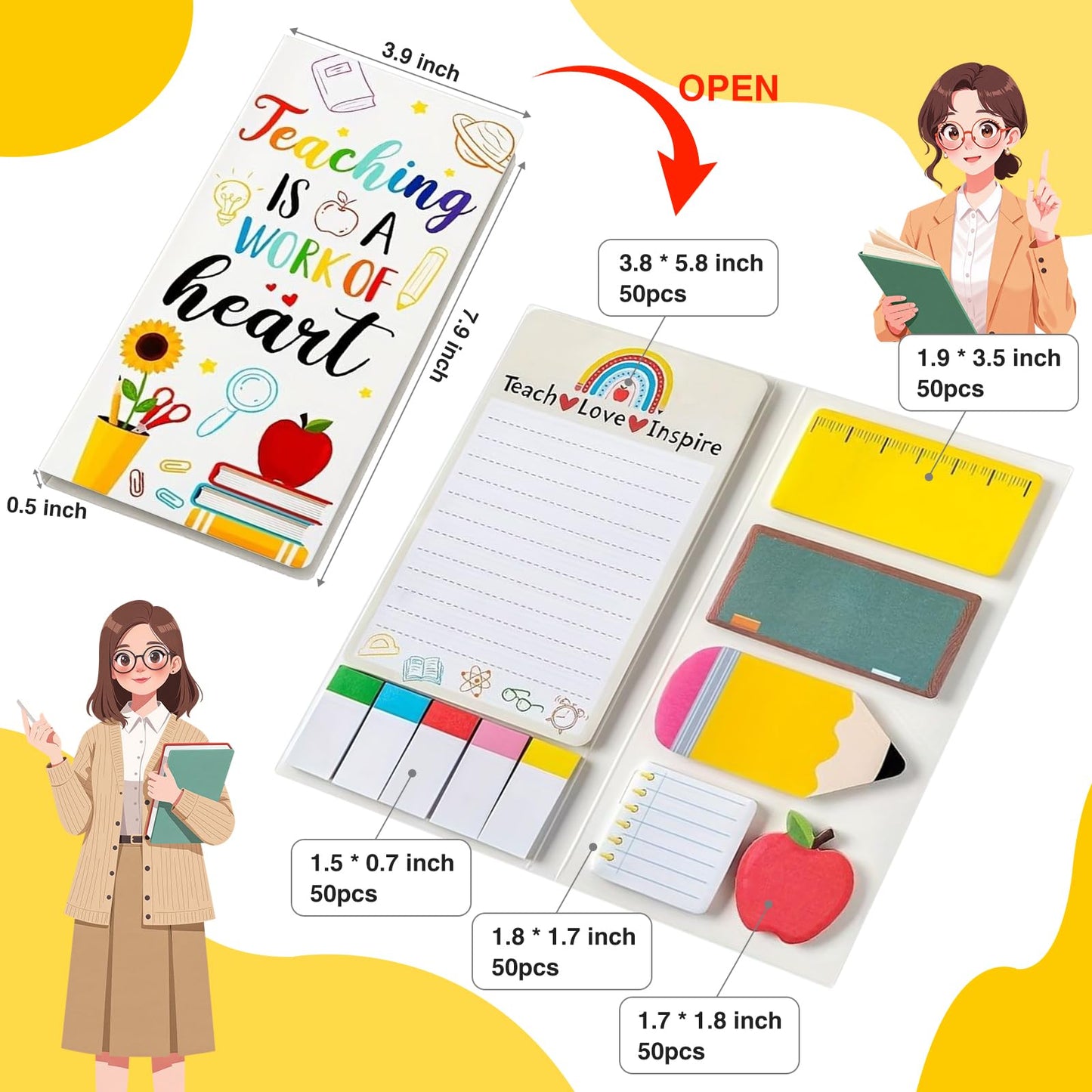 6 Pcs Teacher Appreciation Gifts Pens Sticky Notes A5 Spiral Notebooks Makeup Bag Pencil Pouch, Teacher Appreciation Day Gifts, Christmas Birthday Gifts School & Office Supplies for Teacher (Teacher)