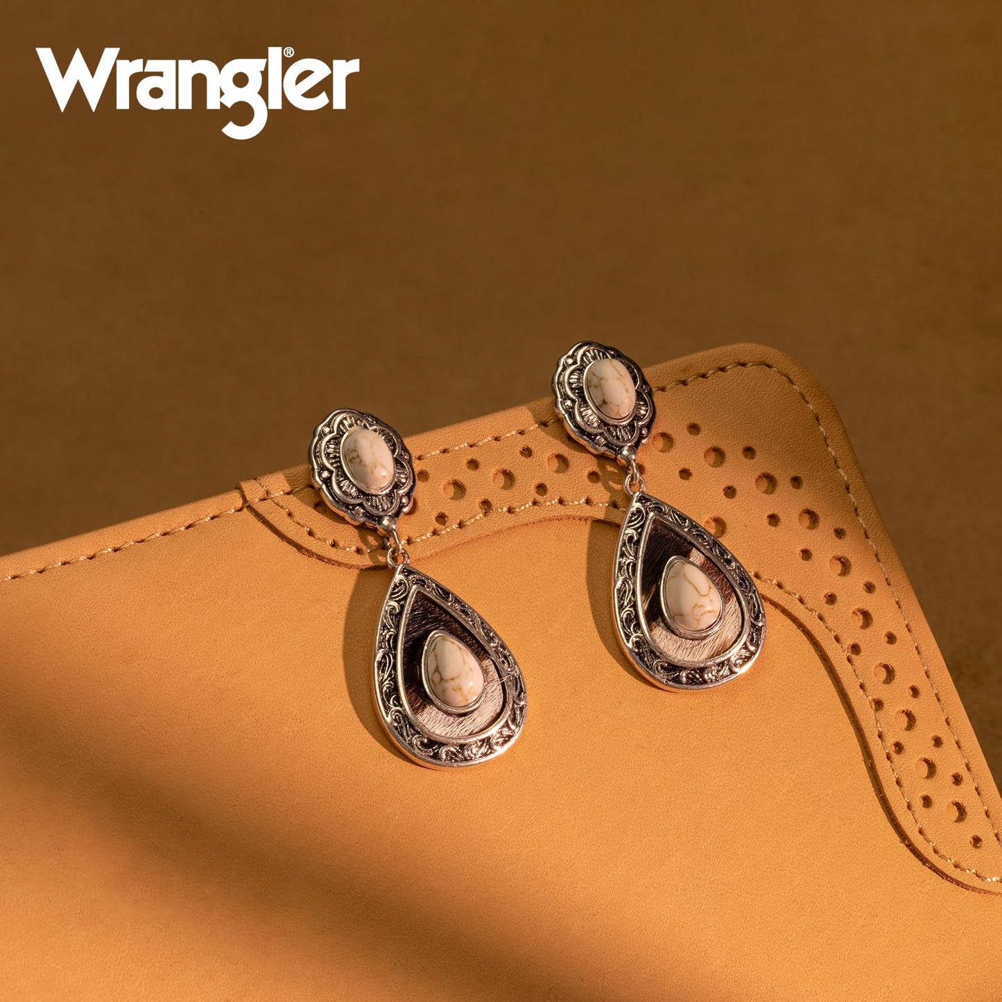 Wrangler Western TearDrop Dangle Earrings for Women Country Statement Genuine Horsehair Turquoise Vintage Cowgirl Cowboy Jewelry (Silver-White) WGE-2028S-WT