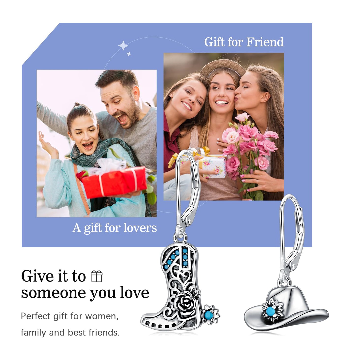 KoyeKei Cowboy Boot Earrings for Women 925 Sterling Silver Cowgirl Hat Texas Boot Dangle Drop Leverback Earrings Western Turquoise Jewelry Country Boho Gifts for Daughter Wife Girlfriend