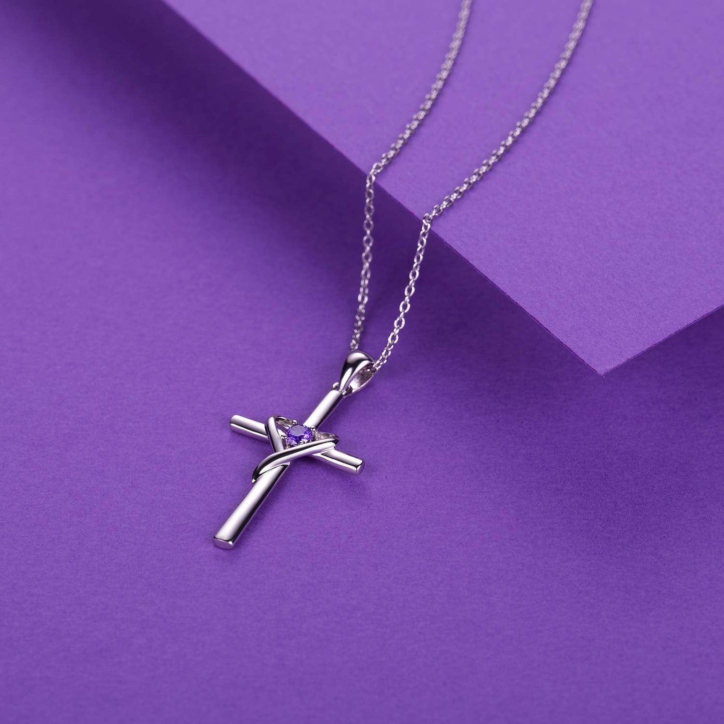 AmorAime 925 Sterling Silver Cross Necklace for Women Men 14K Gold Plated 5A CZ Birthstone Necklaces for Holiday (B.Purple-February-Amethyst)