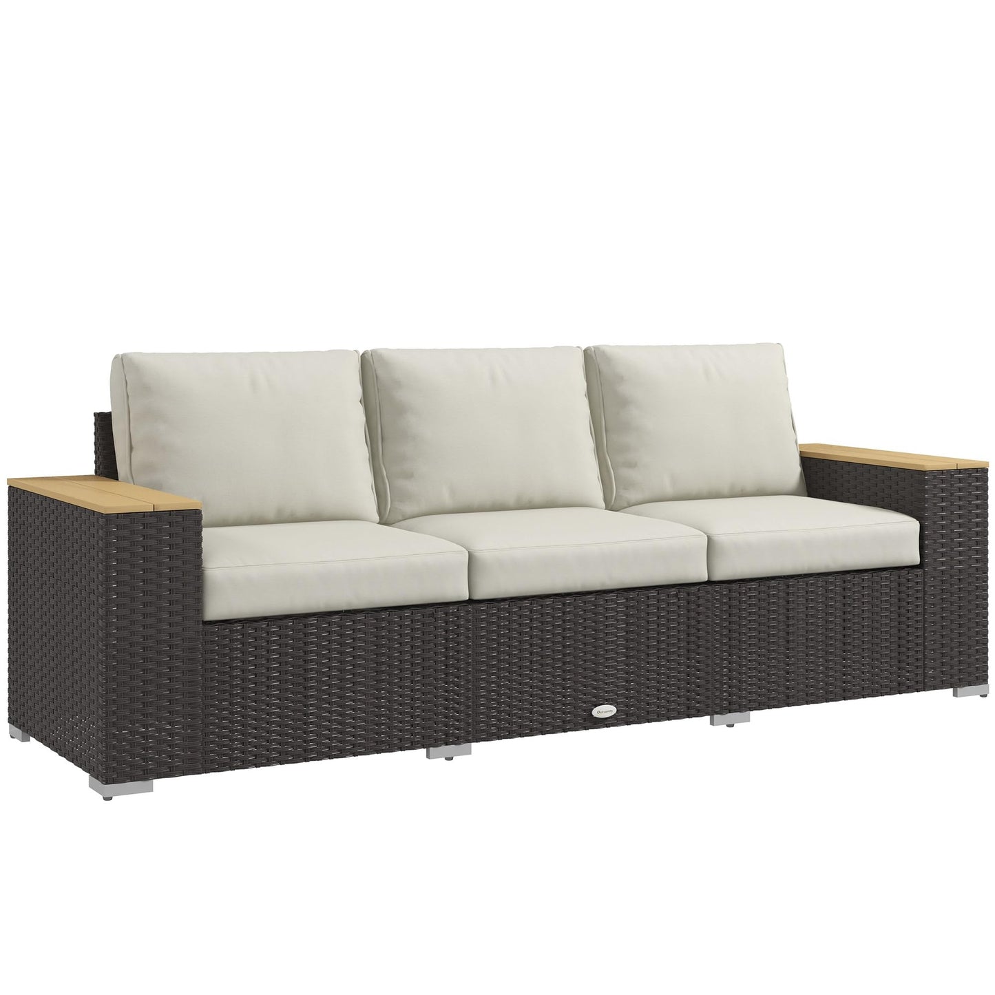 Outsunny 3-Seat Outdoor Patio Sofa with 24.5" Extra Wide Deep Seats, PE Wicker Sofa with Wide Wood Effect Armrests and 4" Cushions, Rattan Outdoor Couch for Porch, Garden, Poolside, Beige