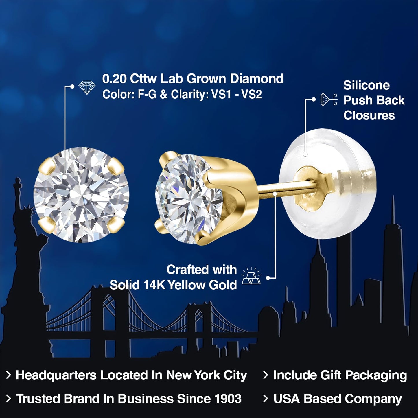 Gem Stone King 0.20 to 6 Cttw 14K Gold Lab Grown Diamond Stud Earrings | Gold Earrings For Women Men | E-F Color | VS1-VS2 Clarity | Yellow Gold | 0.20 Carats - Not IGI Certified