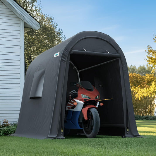 ADVANCE OUTDOOR 6x8 ft Storage Shed Shelter Steel Metal Round Peak Roof Portable Garage Carport for Motorcycle, Boat, or Garden Tools with 2 Roll up Doors & Vents,Dark Gray