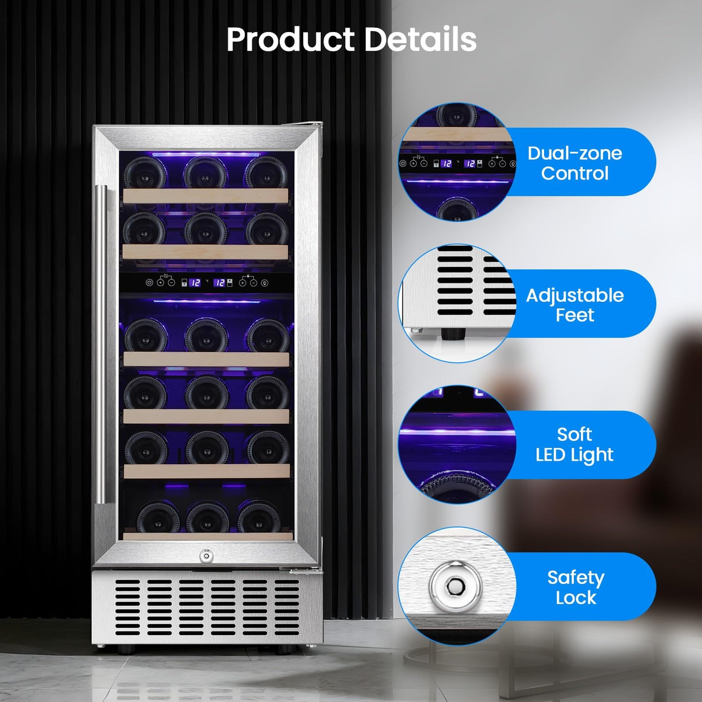 Antarctic Star Wine Fridge 15" Wine Cooler Under Counter Beverage Refrigerator Beer Mini Fridge 28 Bottles Dual Zone Built-in Freestanding Stainless Steel Double-Layer Tempered Glass Door