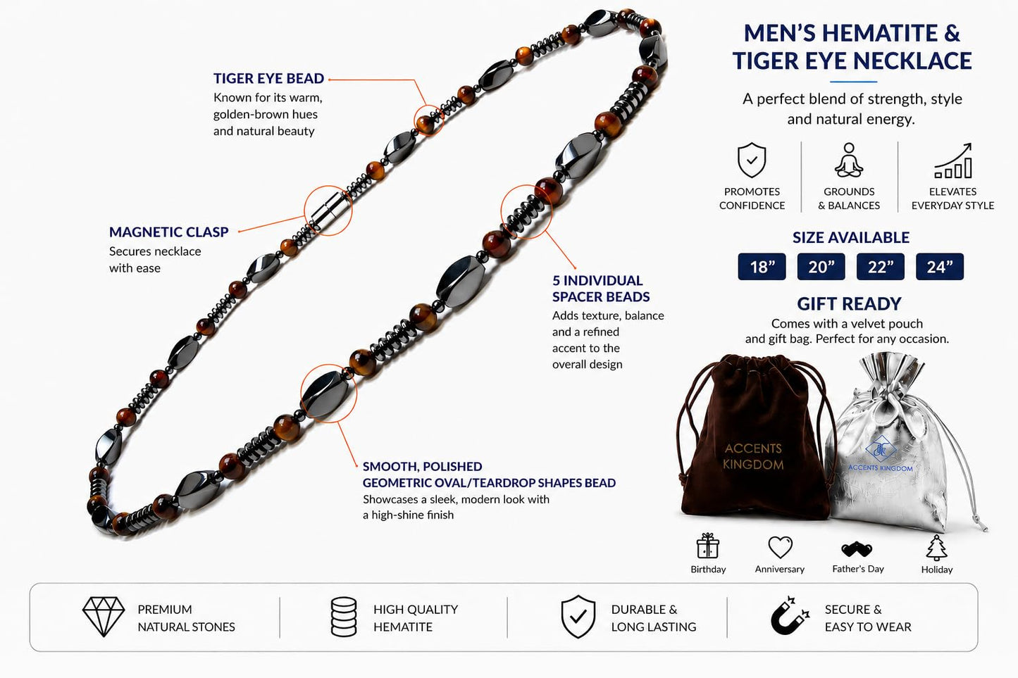 Accents Kingdom Men's Tiger Eye & Hematite Necklace - Natural Stone Beaded Necklace with Magnetic Clasp, Modern Masculine Jewelry for Casual, Business & Golf Wear, 24"